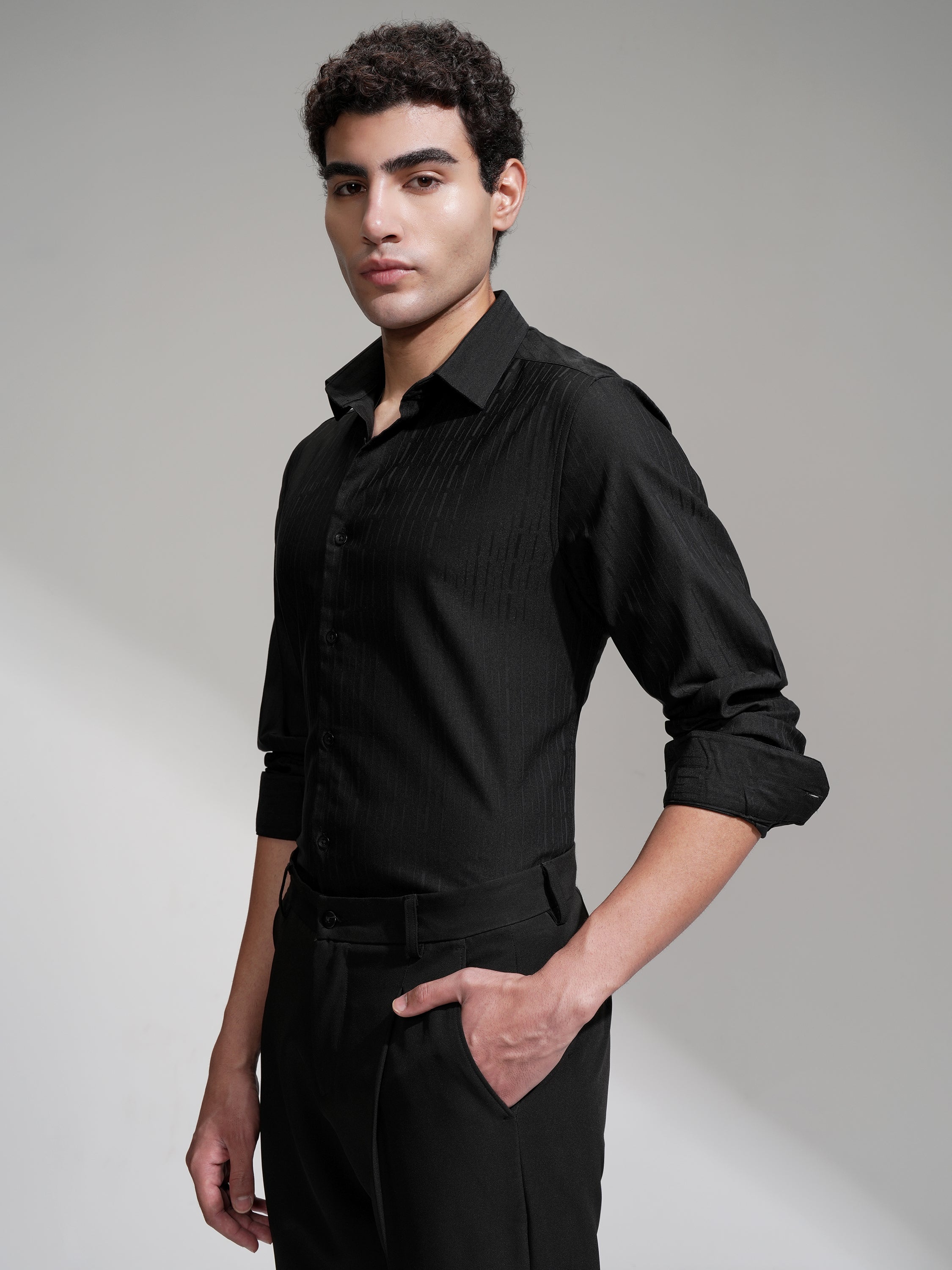 Highlander Men Black Self Design Slim Fit Casual Shirt - Black - Image 4