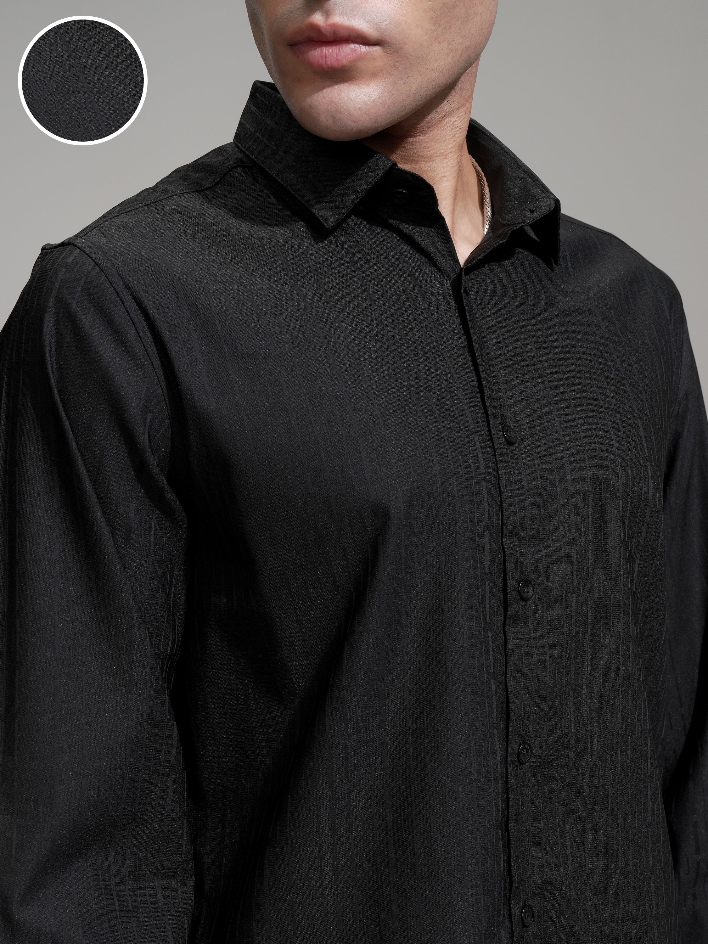 Highlander Men Black Self Design Slim Fit Casual Shirt - Black - Image 5