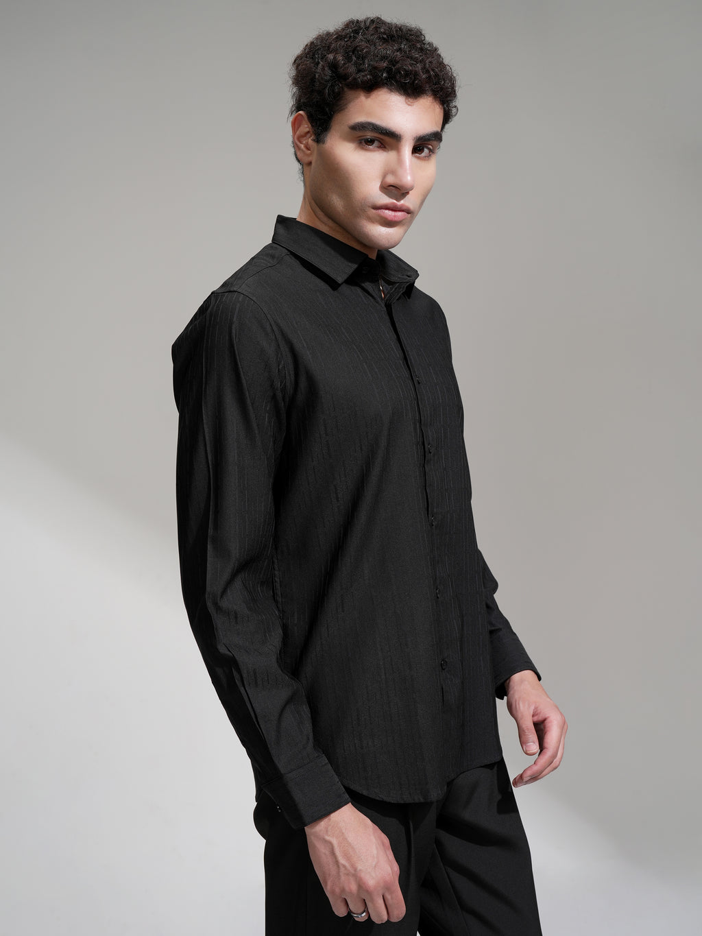 Highlander Men Black Self Design Slim Fit Casual Shirt - Black - Image 6
