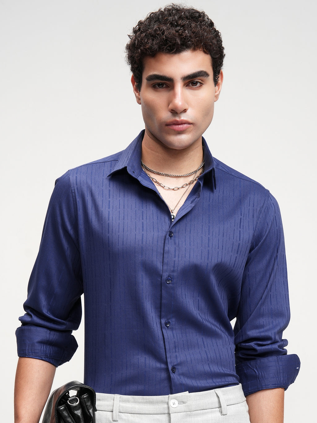 Highlander Men Blue Self Design Slim Fit Casual Shirt - Blue - Image 1