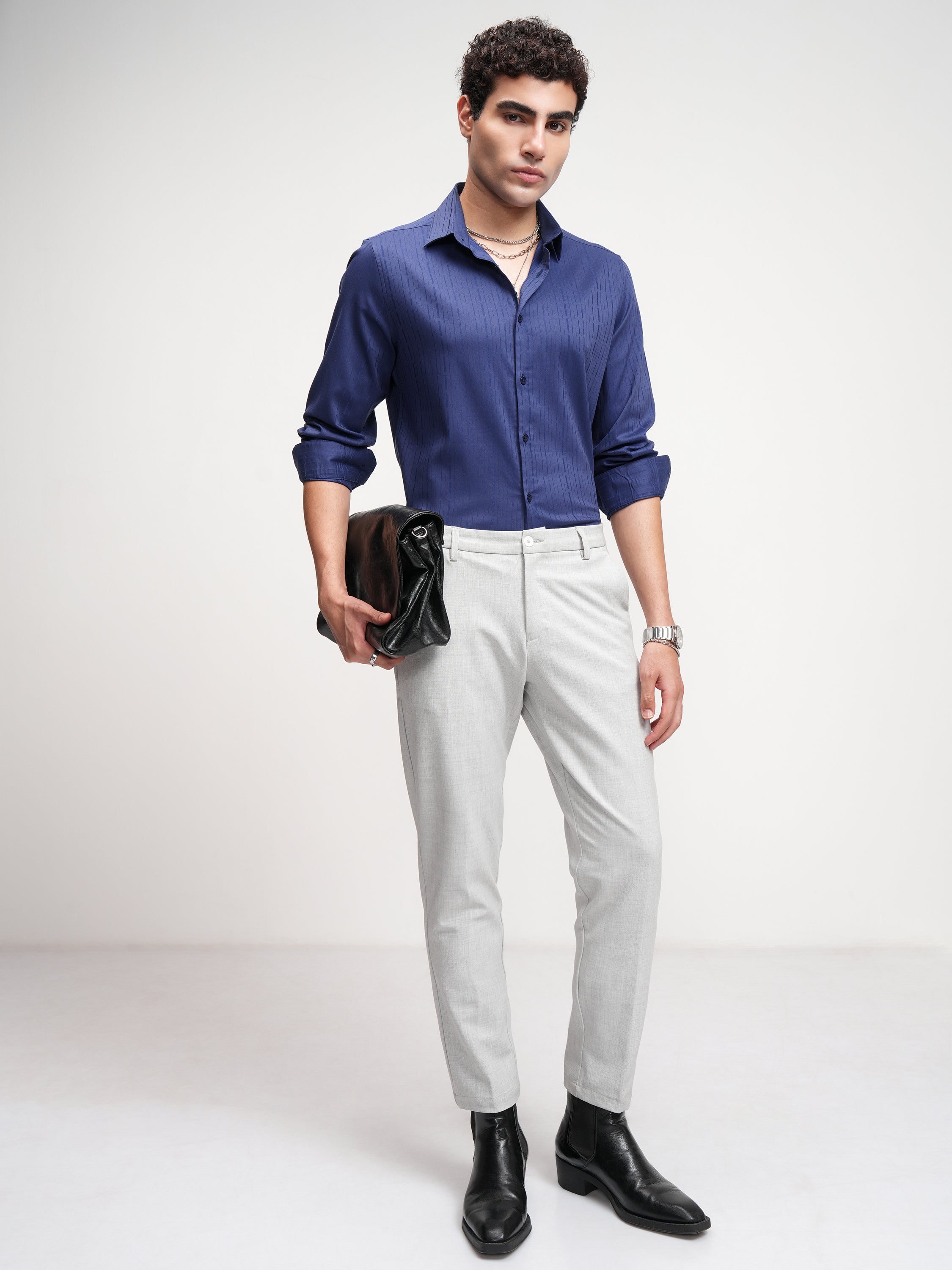 Highlander Men Blue Self Design Slim Fit Casual Shirt - Blue - Image 2