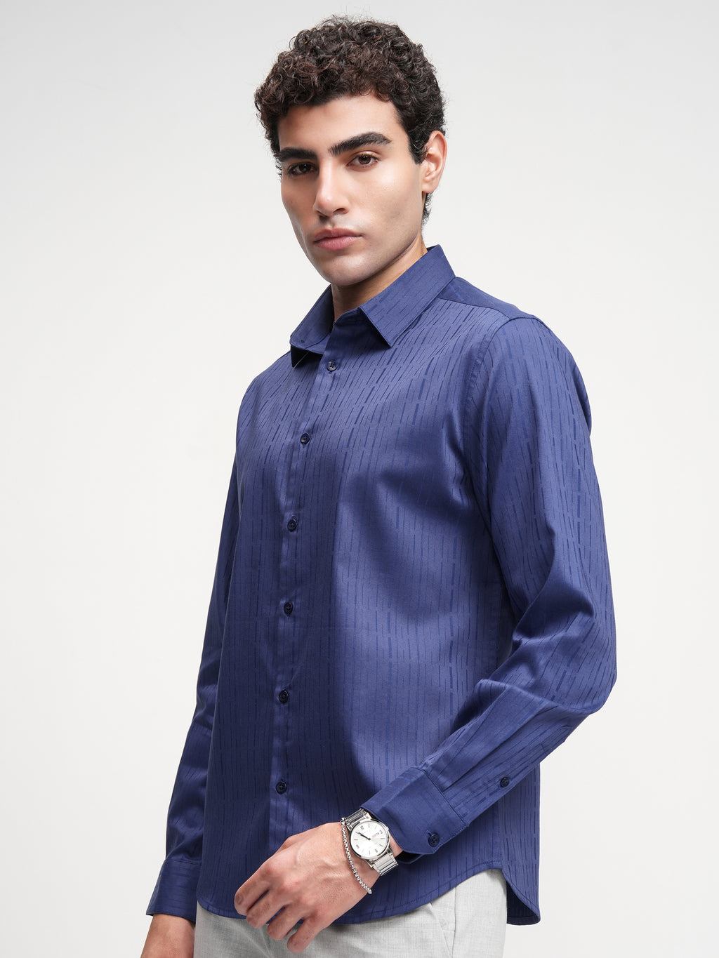 Highlander Men Blue Self Design Slim Fit Casual Shirt - Blue - Image 4