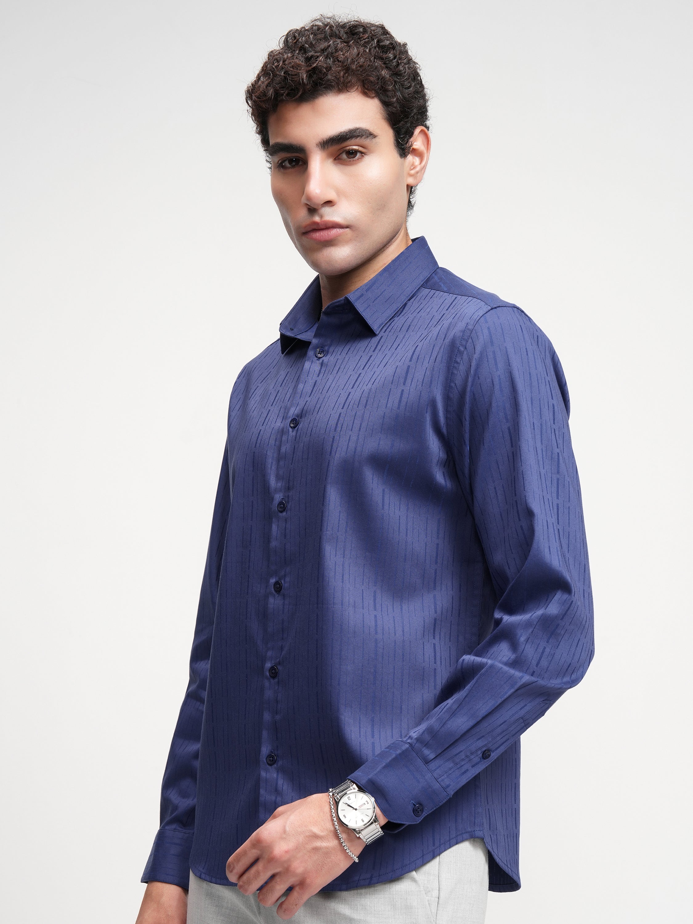 Highlander Men Blue Self Design Slim Fit Casual Shirt - Blue - Image 4