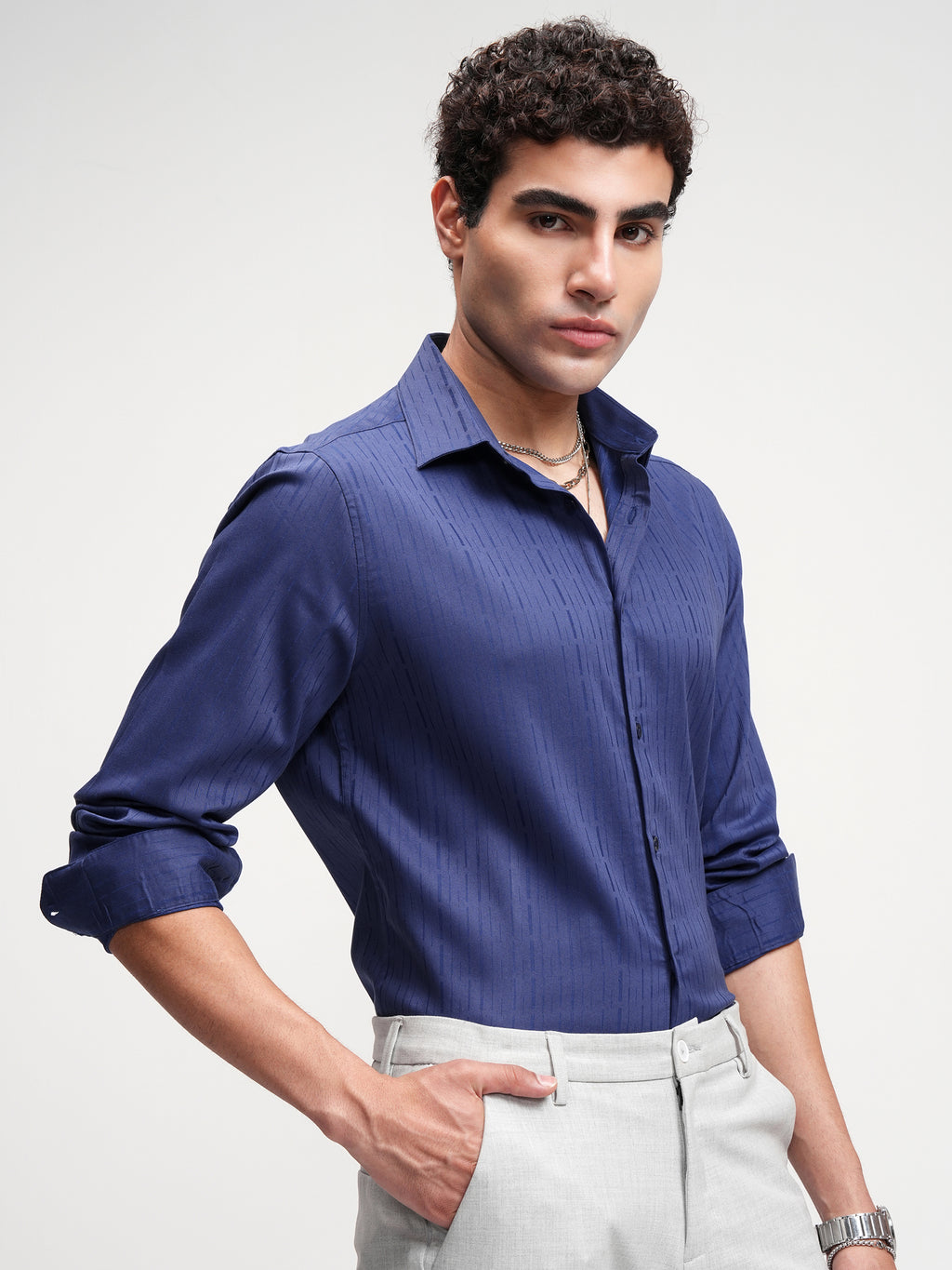 Highlander Men Blue Self Design Slim Fit Casual Shirt - Blue - Image 6