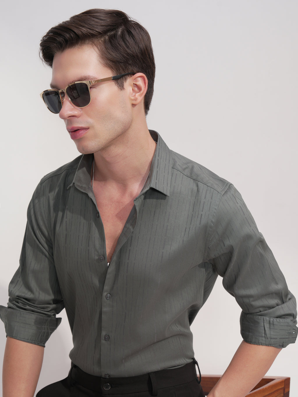 Highlander Men Green Self Design Slim Fit Casual Shirt - Green - Image 1