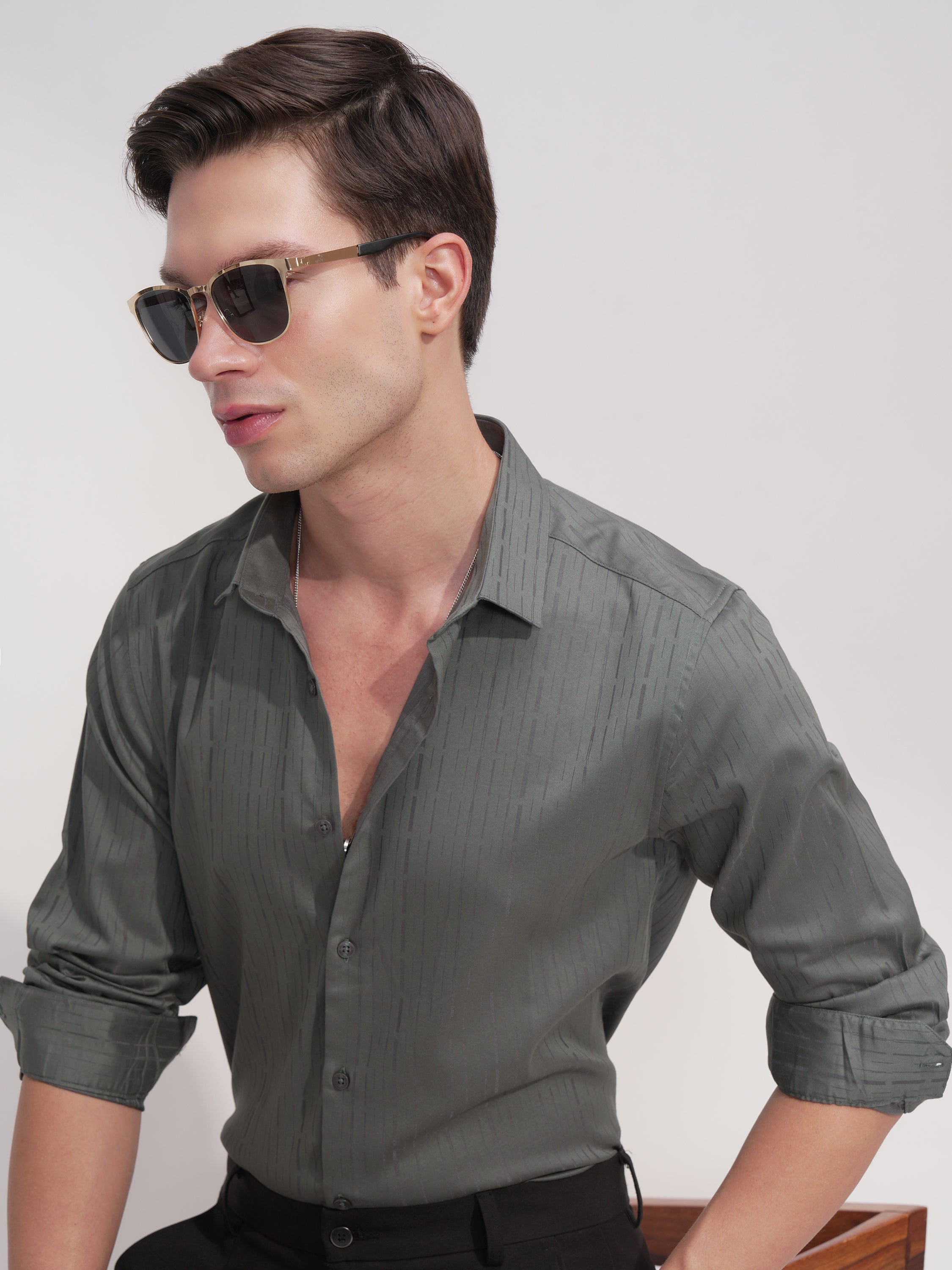 Highlander Men Green Self Design Slim Fit Casual Shirt - Green - Image 1