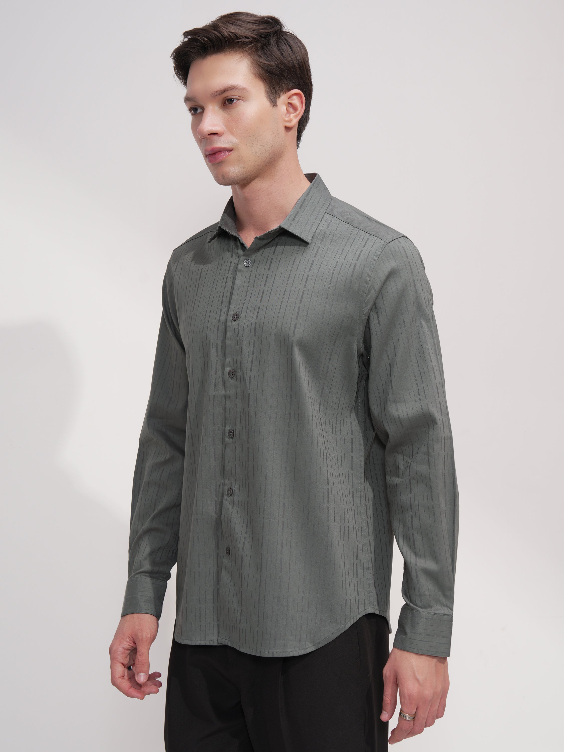 Highlander Men Green Self Design Slim Fit Casual Shirt - Green - Image 4