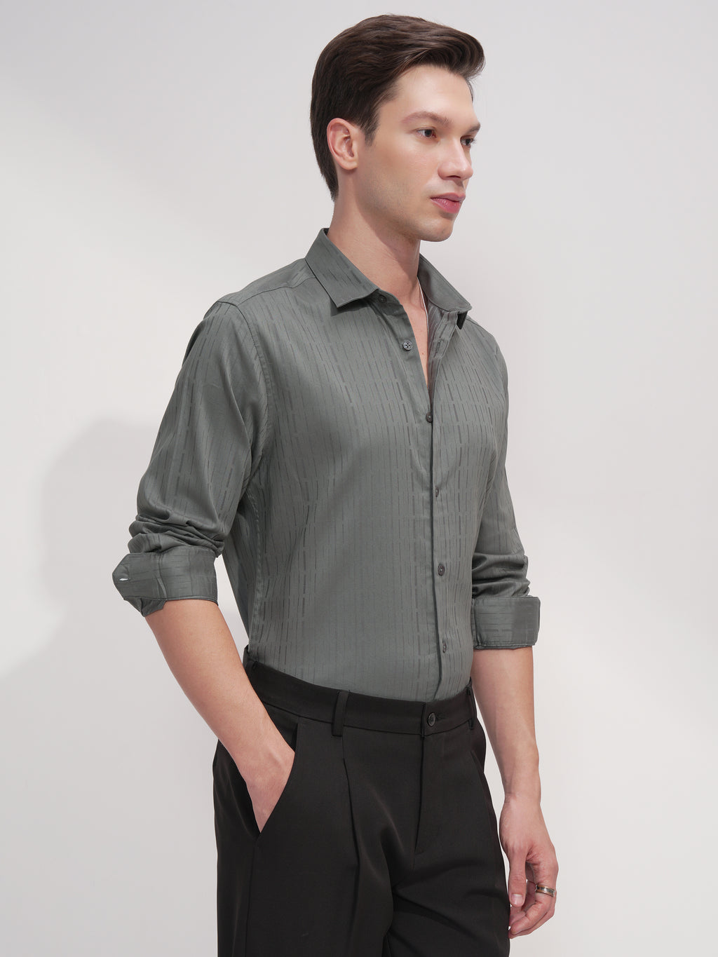 Highlander Men Green Self Design Slim Fit Casual Shirt - Green - Image 6