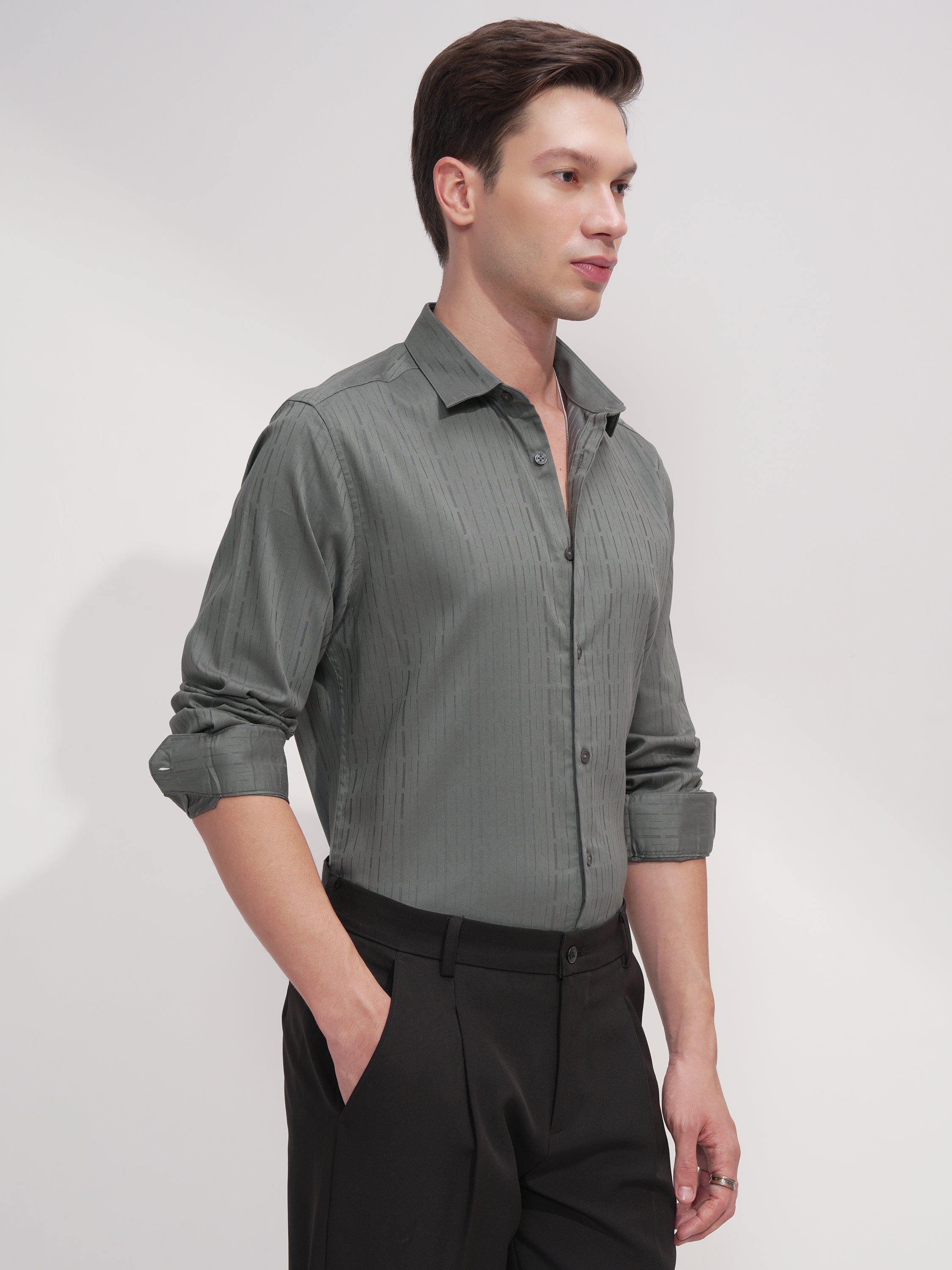 Highlander Men Green Self Design Slim Fit Casual Shirt - Green - Image 6