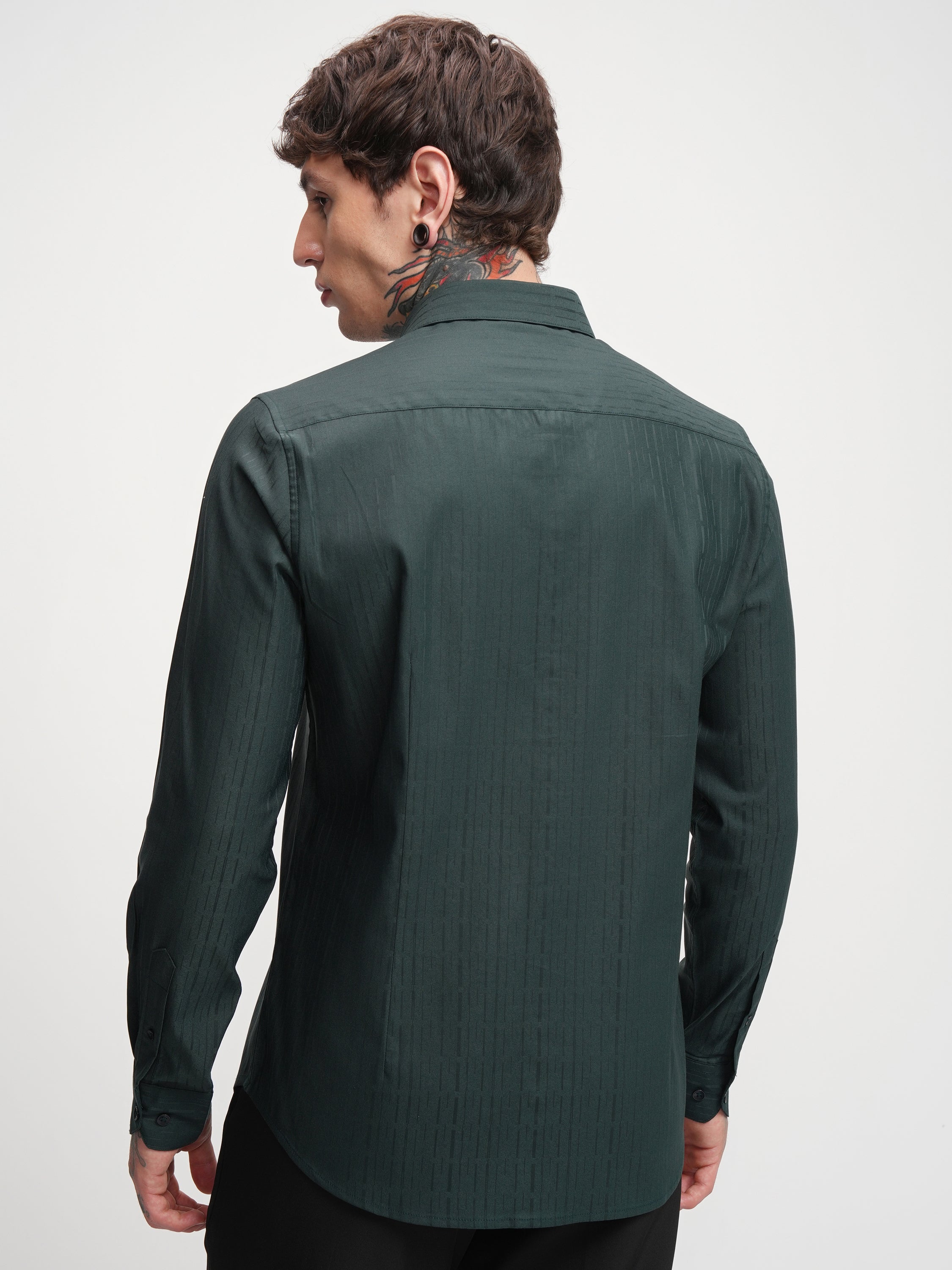 Highlander Men Green Self Design Slim Fit Casual Shirt - Green - Image 3