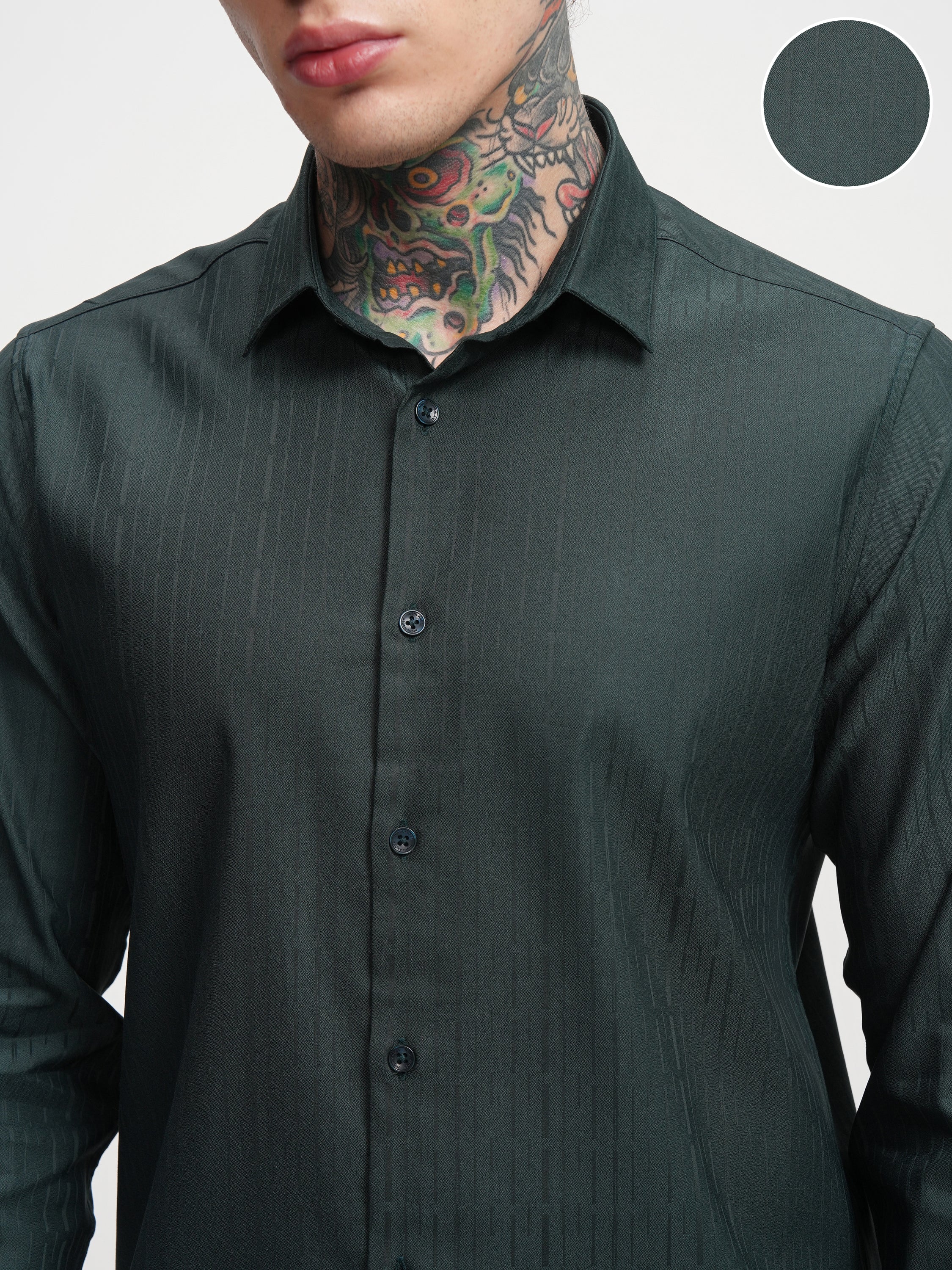 Highlander Men Green Self Design Slim Fit Casual Shirt - Green - Image 5