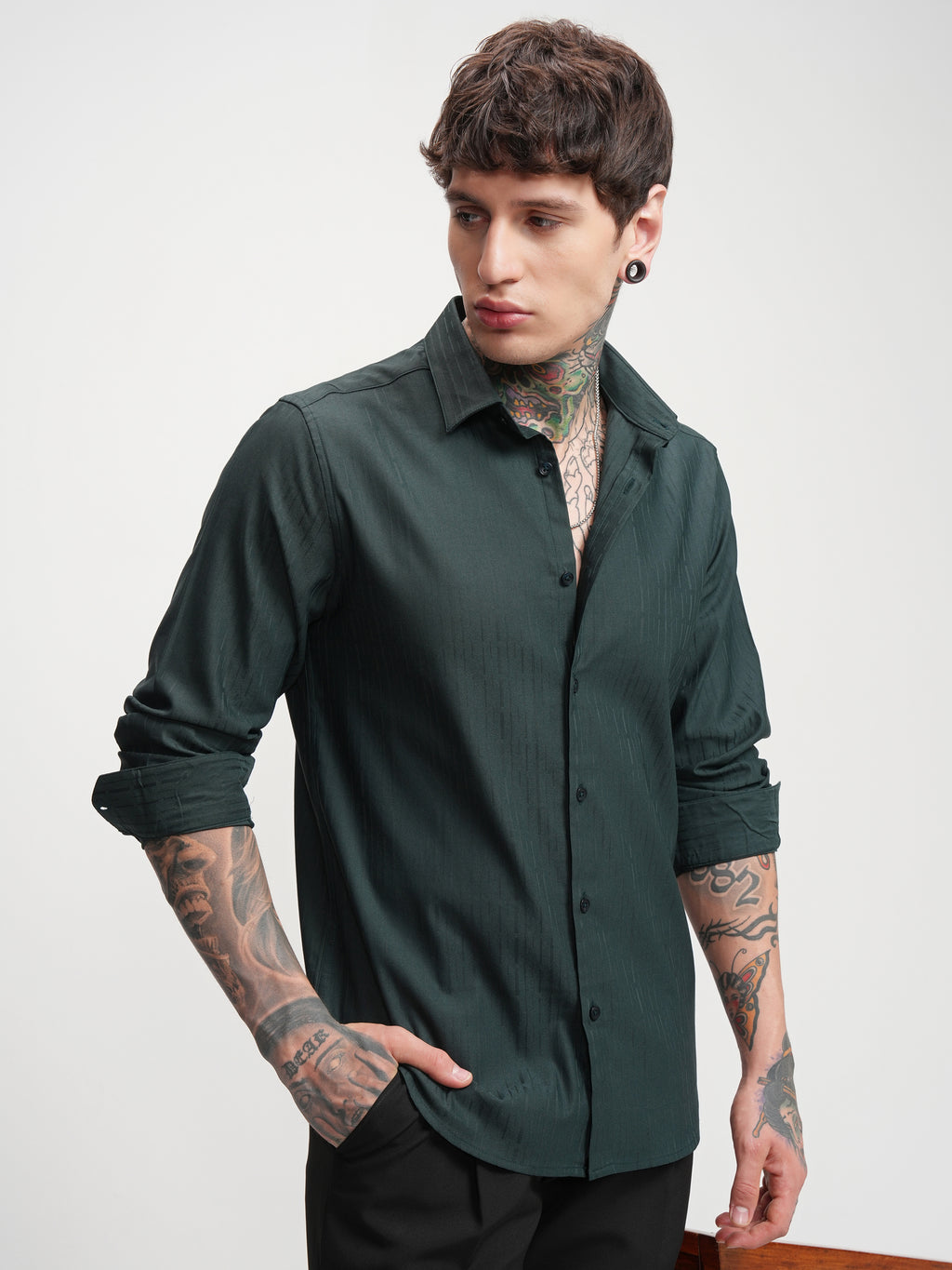 Highlander Men Green Self Design Slim Fit Casual Shirt - Green - Image 6