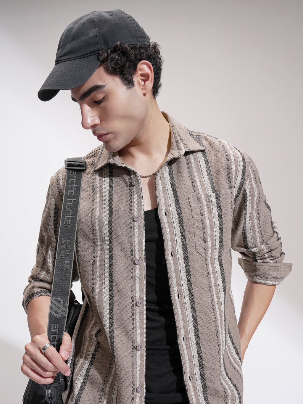 Highlander Men Tan Striped Relaxed Fit Casual Shirt - Tan - Image 1