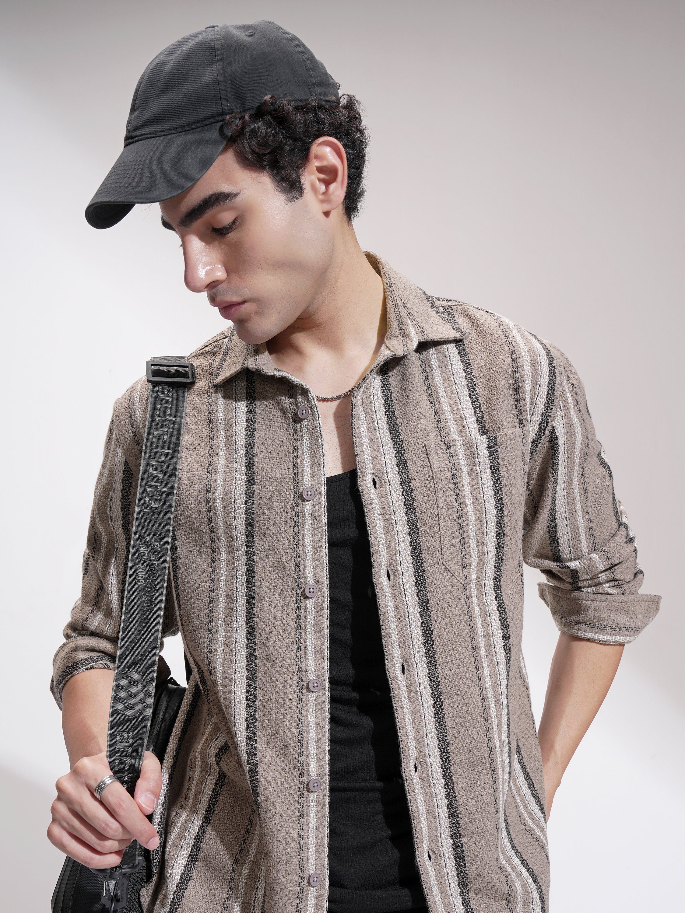 Highlander Men Tan Striped Relaxed Fit Casual Shirt - Tan - Image 1