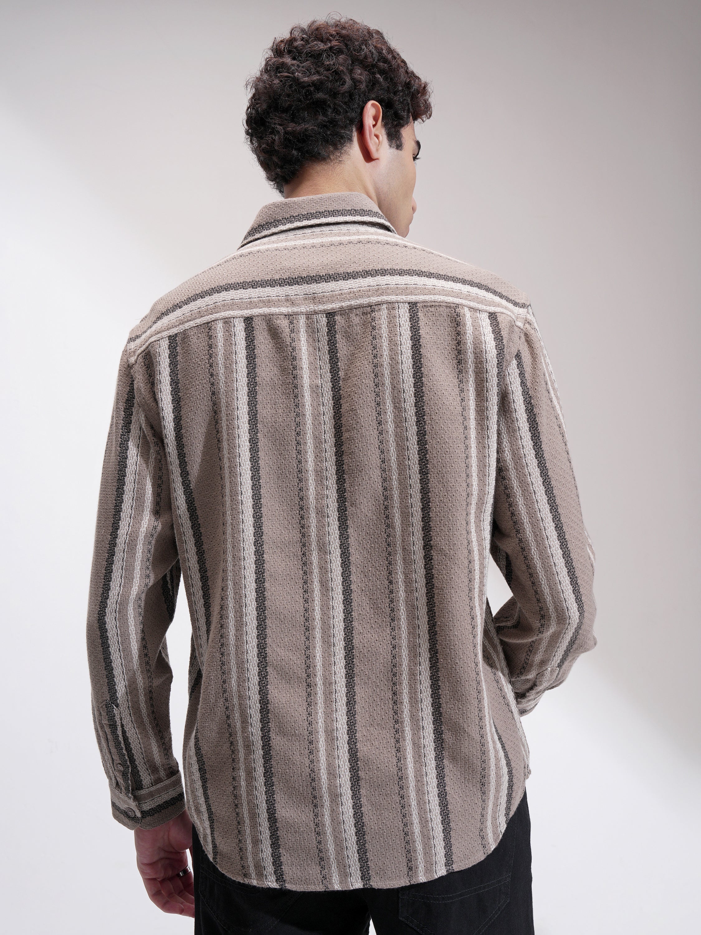 Highlander Men Tan Striped Relaxed Fit Casual Shirt - Tan - Image 3
