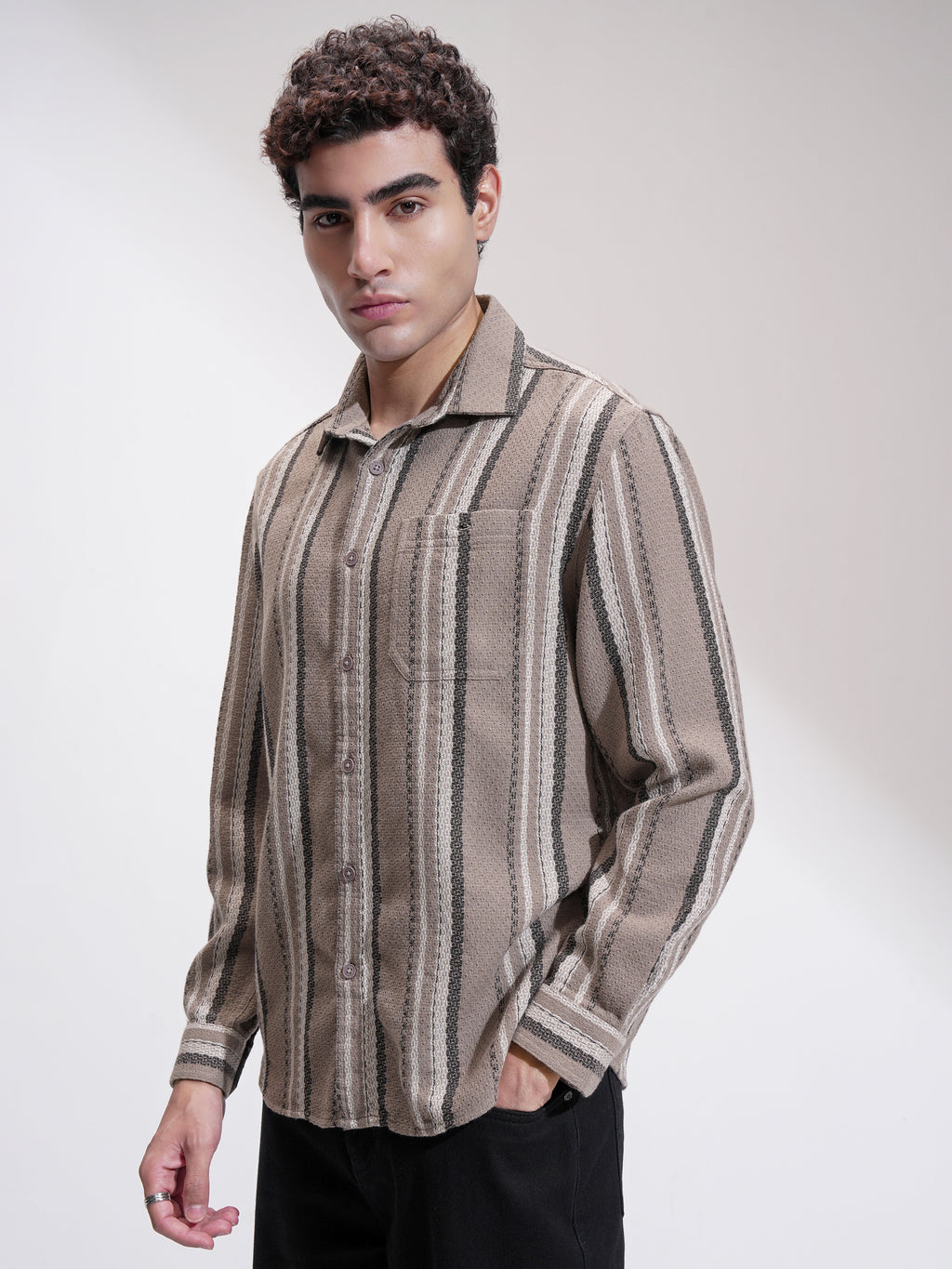 Highlander Men Tan Striped Relaxed Fit Casual Shirt - Tan - Image 4