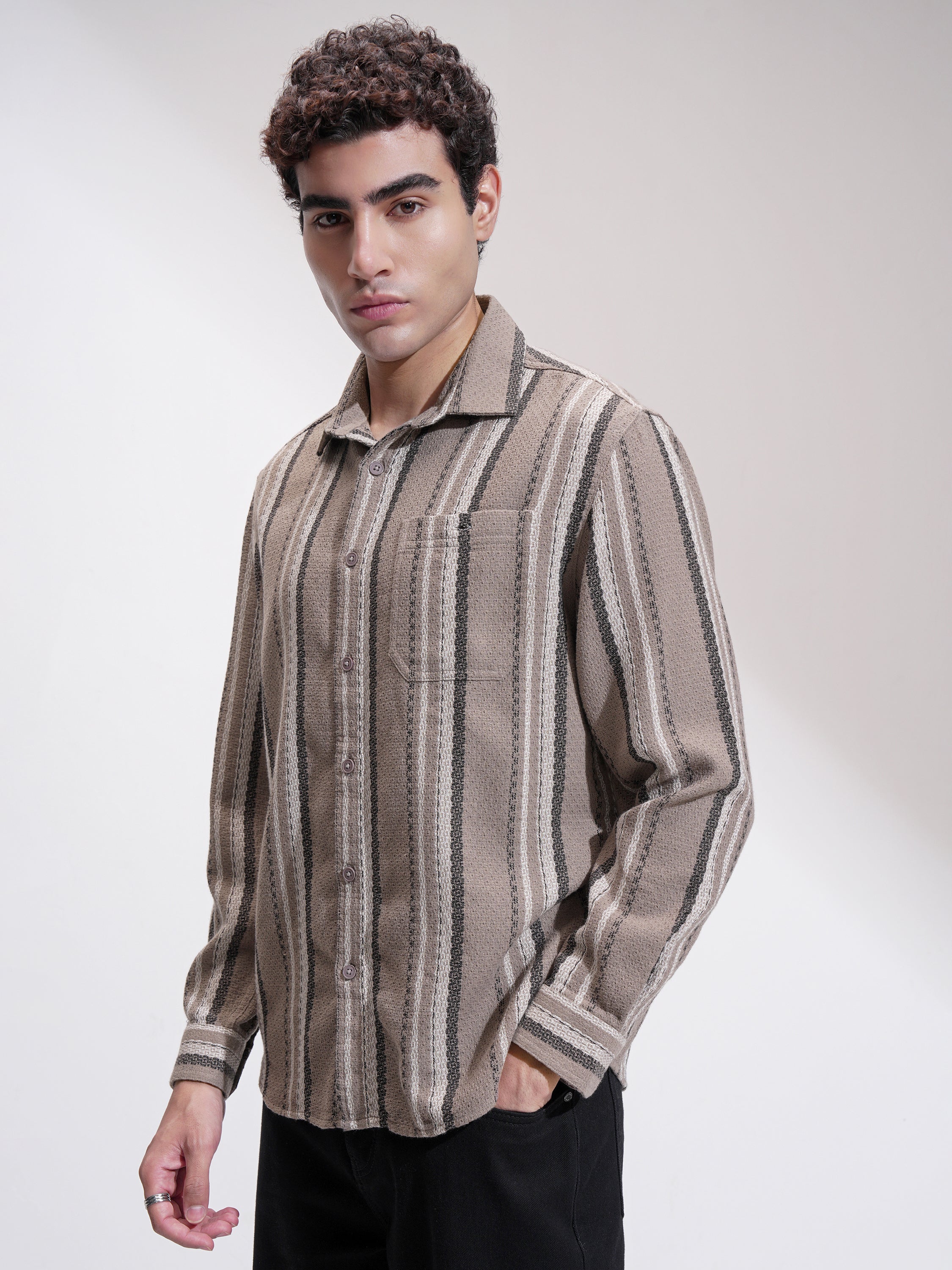 Highlander Men Tan Striped Relaxed Fit Casual Shirt - Tan - Image 4