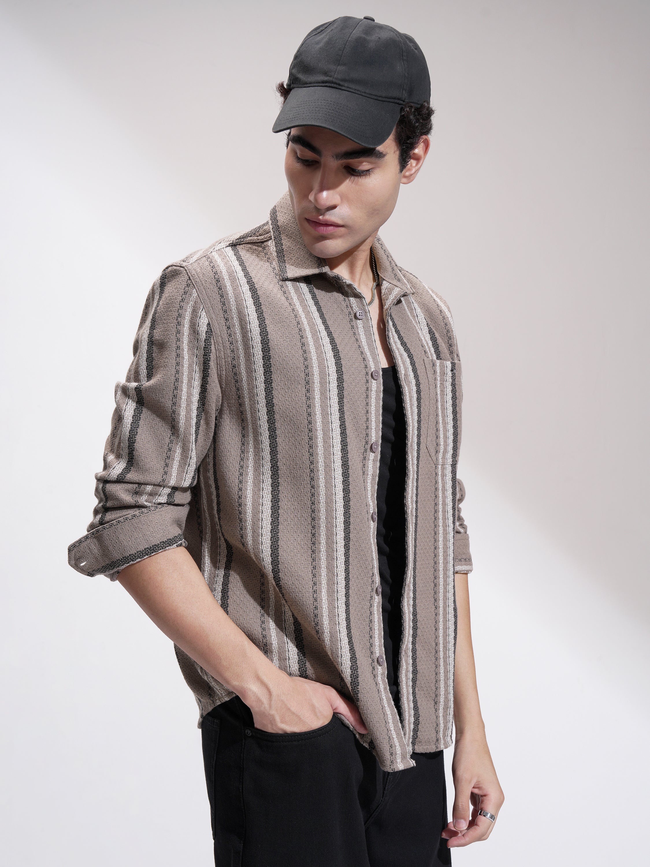 Highlander Men Tan Striped Relaxed Fit Casual Shirt - Tan - Image 6