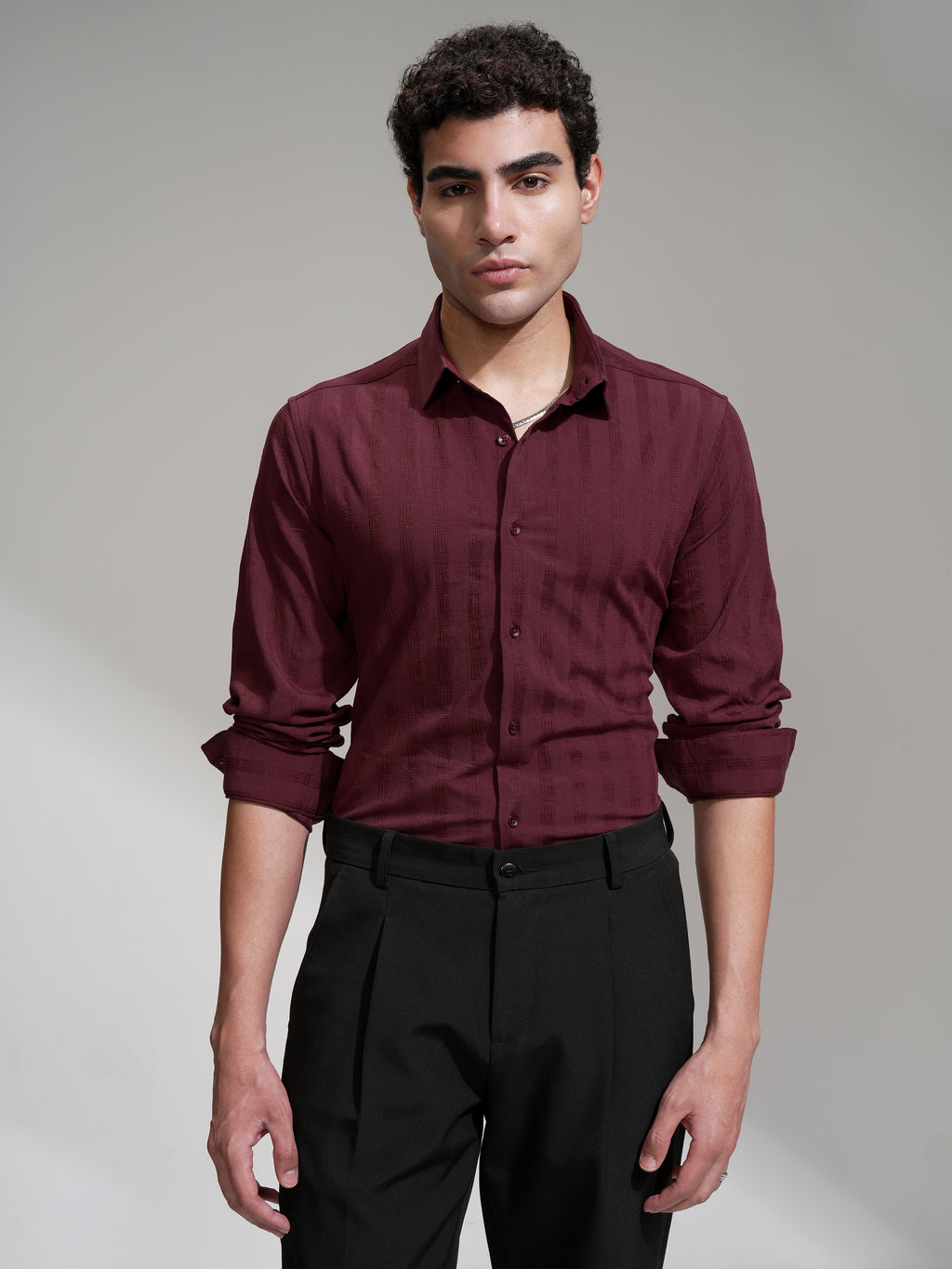 Highlander Men Maroon Self Design Slim Fit Casual Shirt - Maroon - Image 1