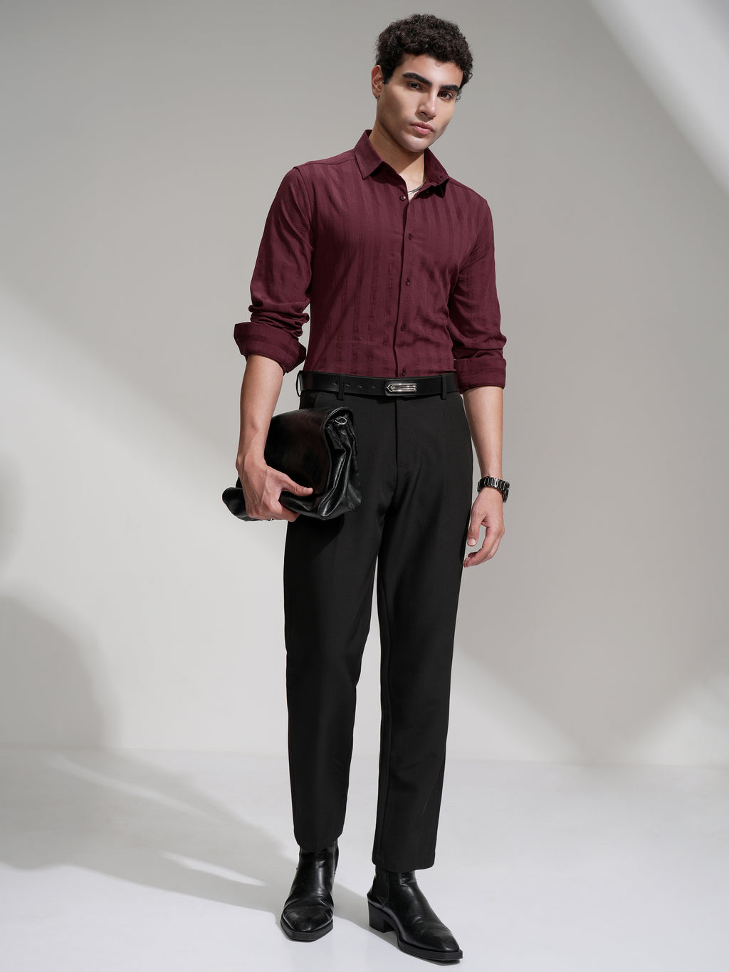 Highlander Men Maroon Self Design Slim Fit Casual Shirt - Maroon - Image 2