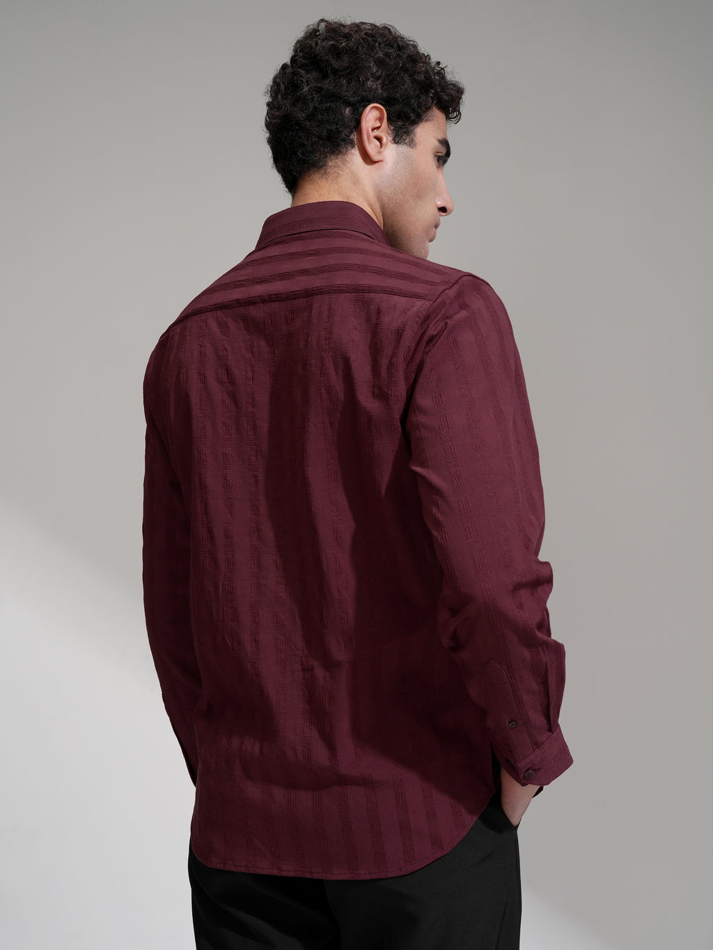 Highlander Men Maroon Self Design Slim Fit Casual Shirt - Maroon - Image 3