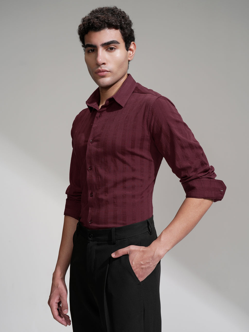 Highlander Men Maroon Self Design Slim Fit Casual Shirt - Maroon - Image 4