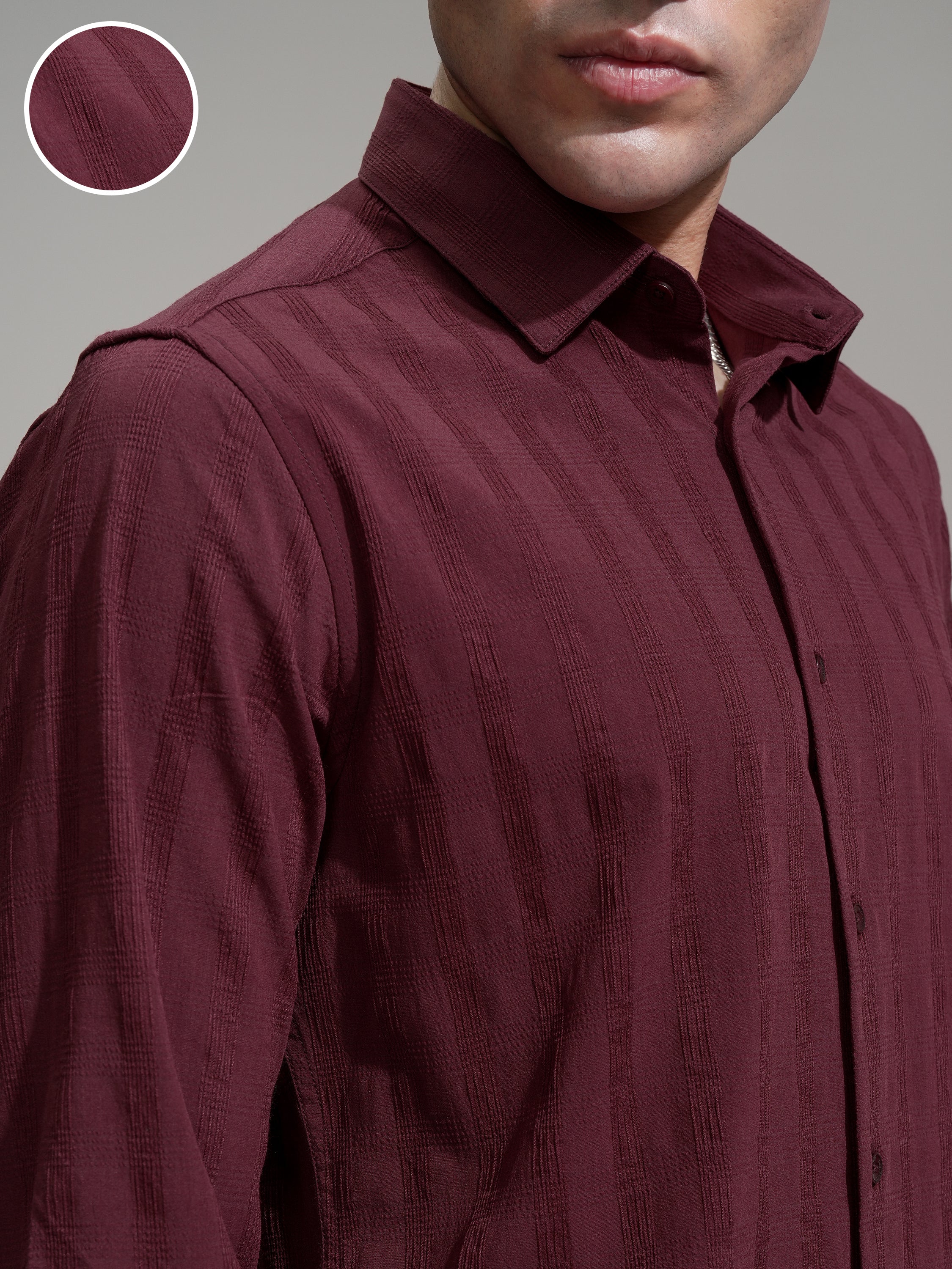 Highlander Men Maroon Self Design Slim Fit Casual Shirt - Maroon - Image 5