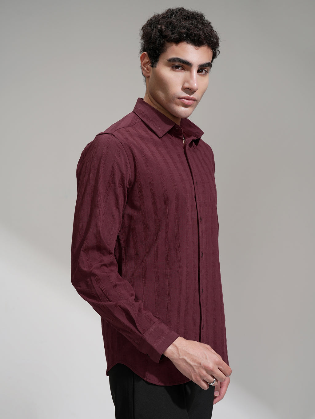 Highlander Men Maroon Self Design Slim Fit Casual Shirt - Maroon - Image 6