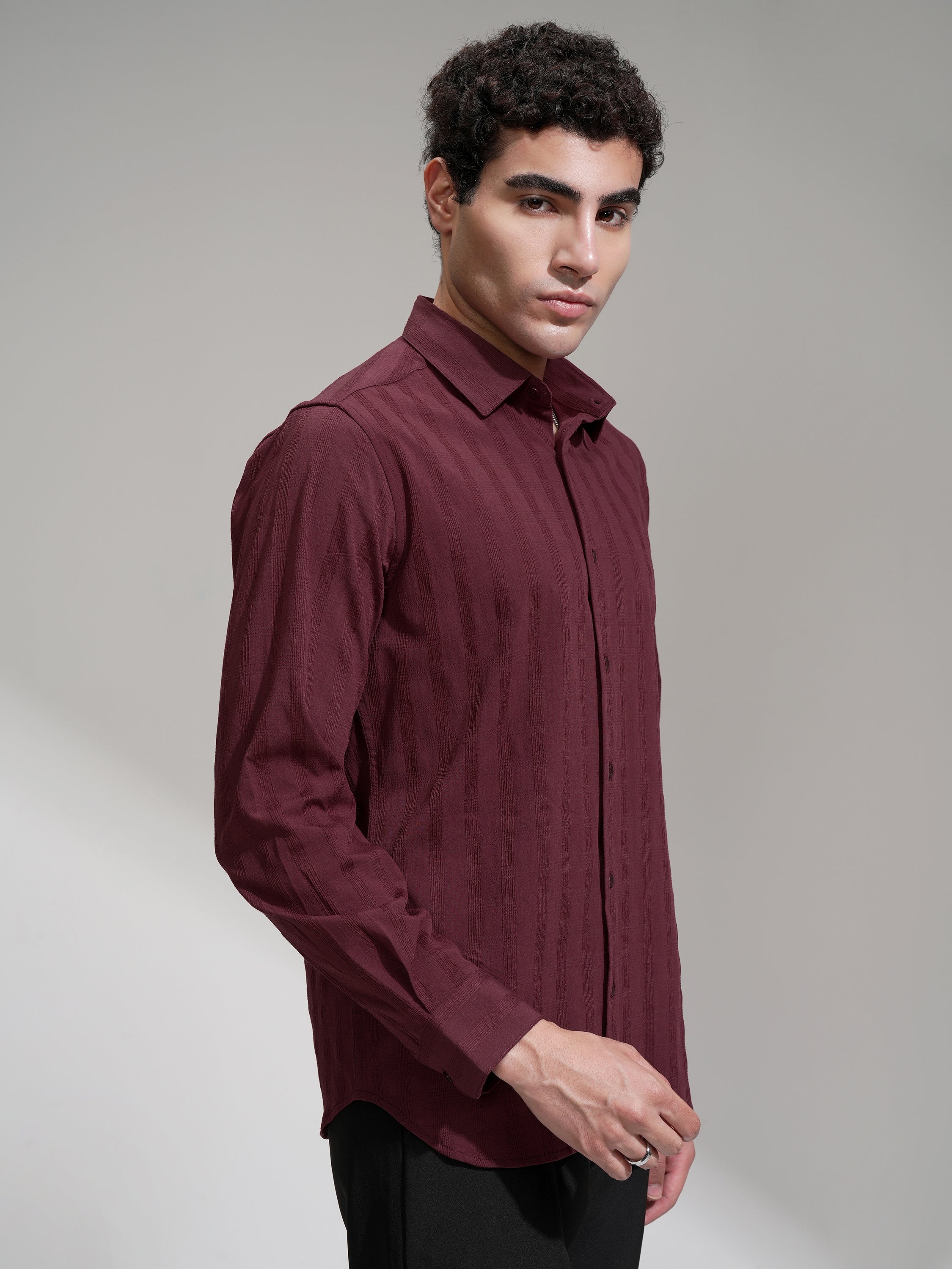 Highlander Men Maroon Self Design Slim Fit Casual Shirt - Maroon - Image 6