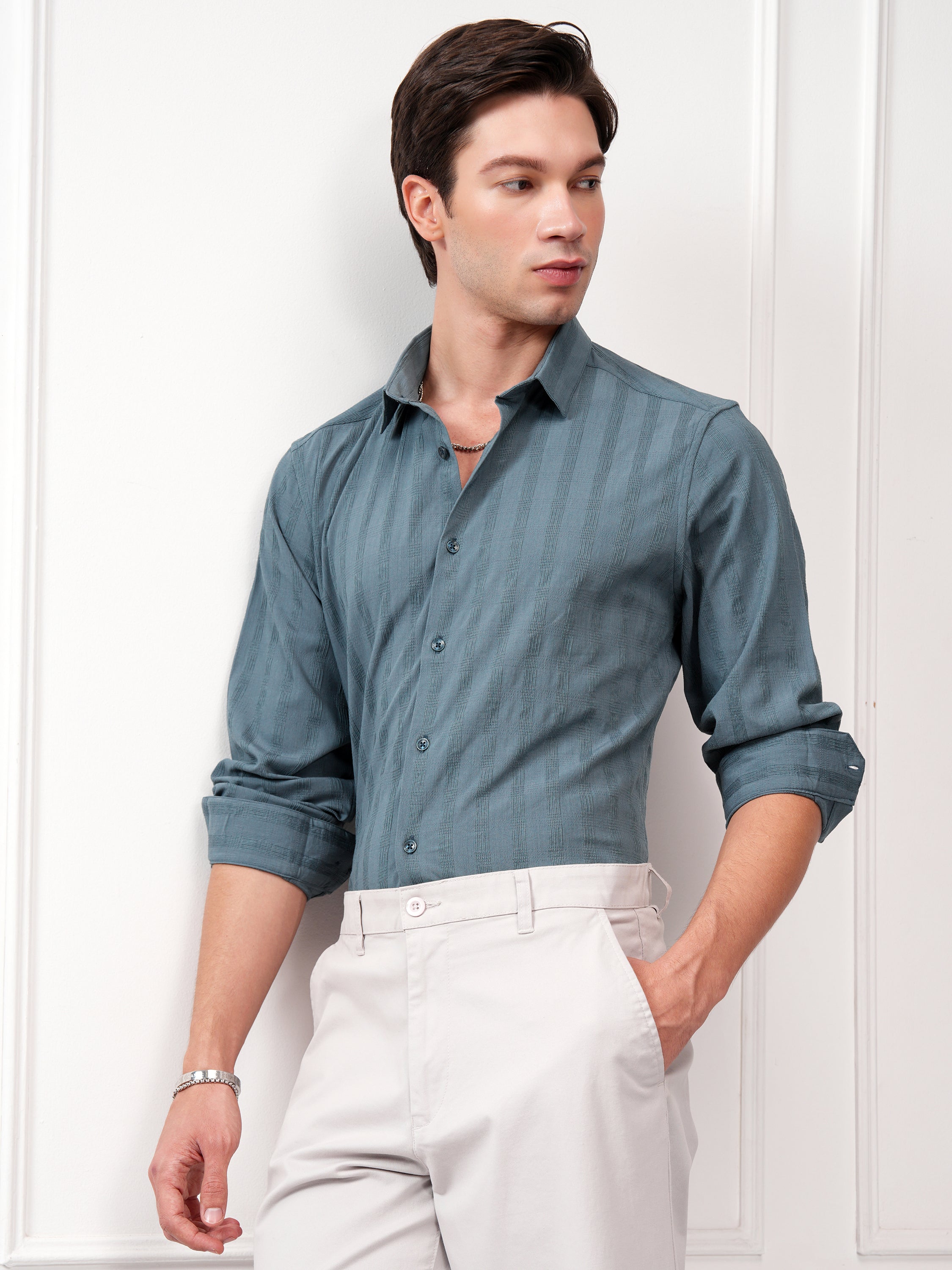 Highlander Men Teal Striped Slim Fit Casual Shirt - Teal - Image 1