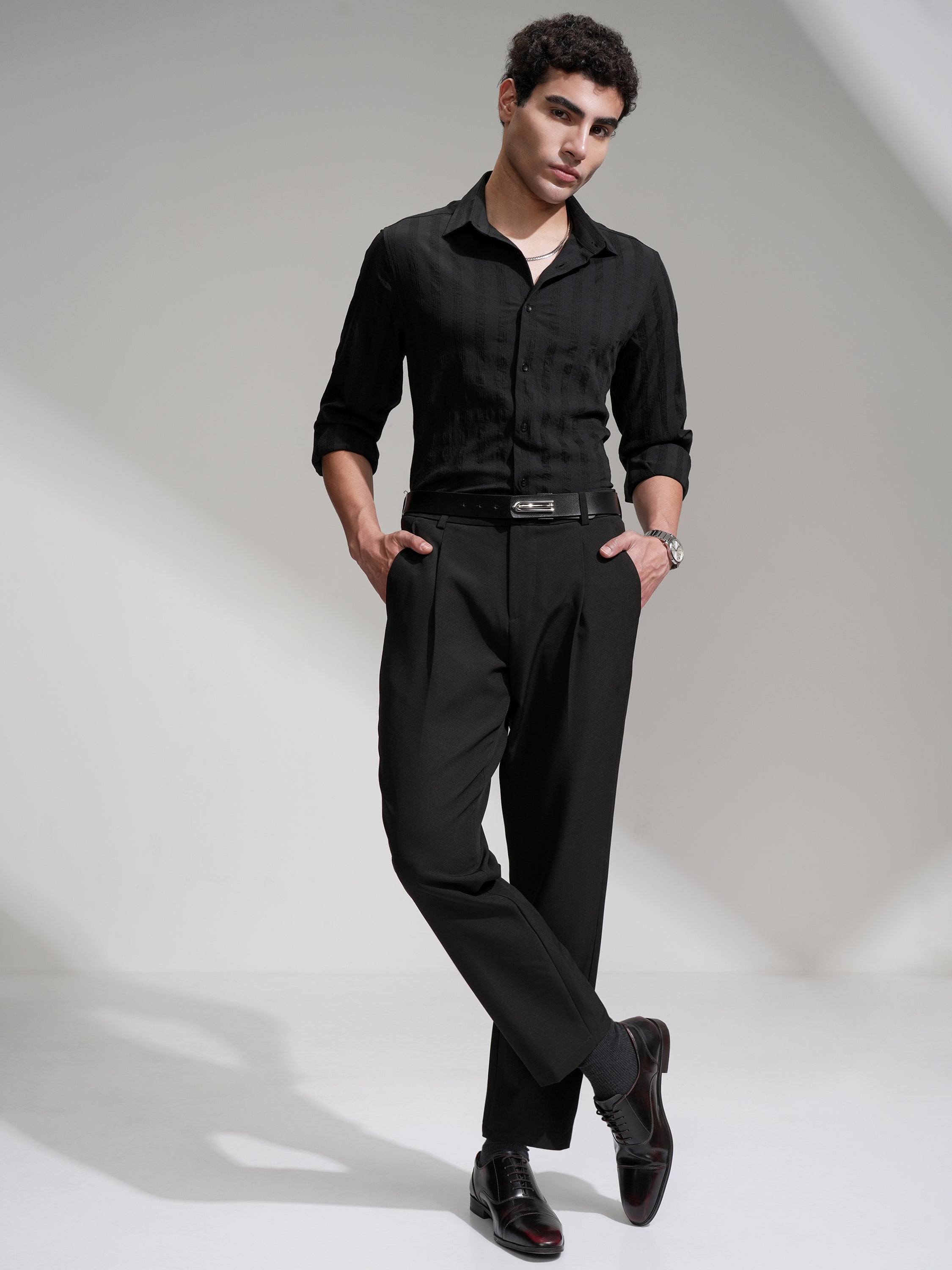 Highlander Men Black Self Design Slim Fit Casual Shirt - Black - Image 2