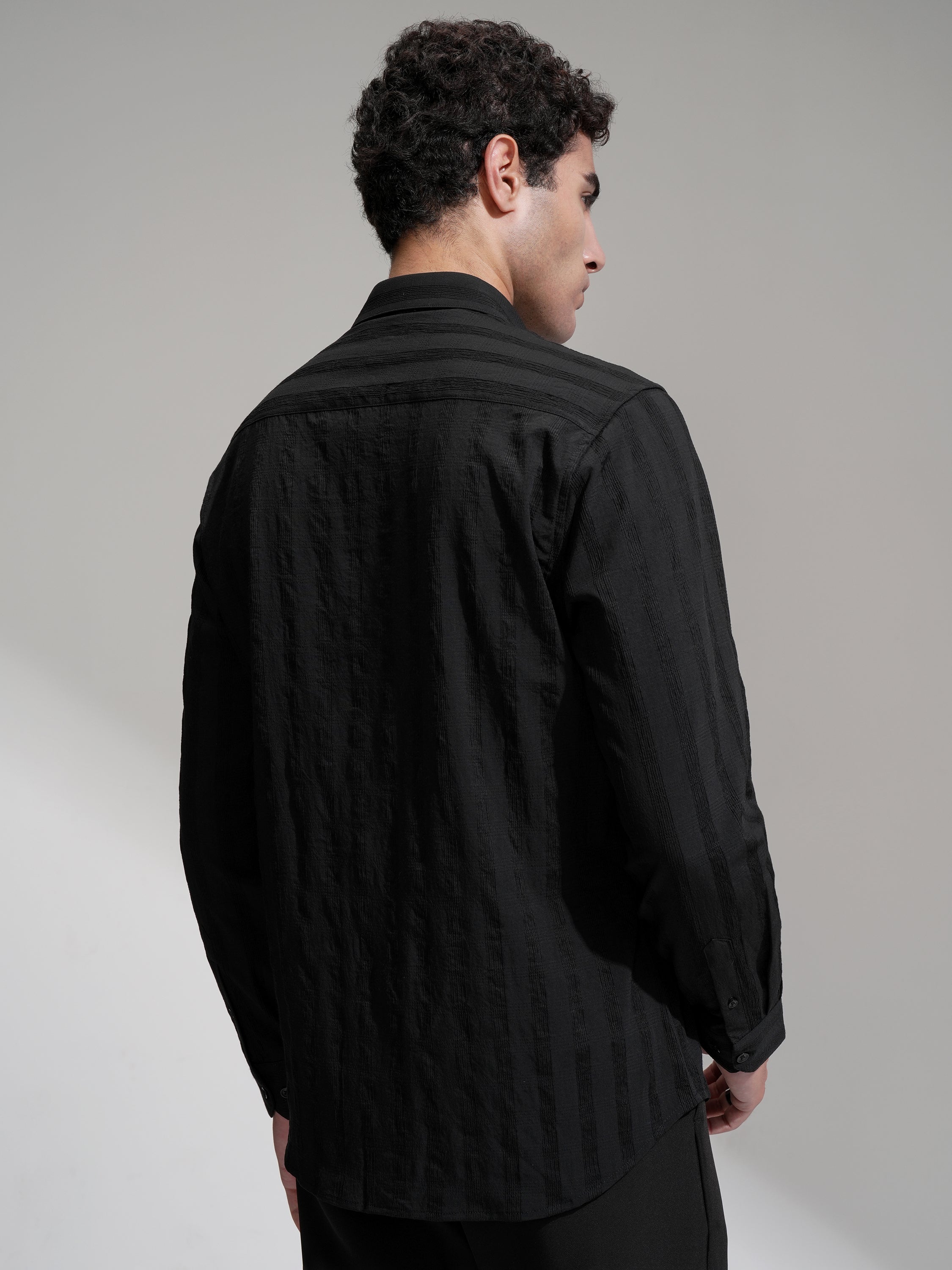 Highlander Men Black Self Design Slim Fit Casual Shirt - Black - Image 3