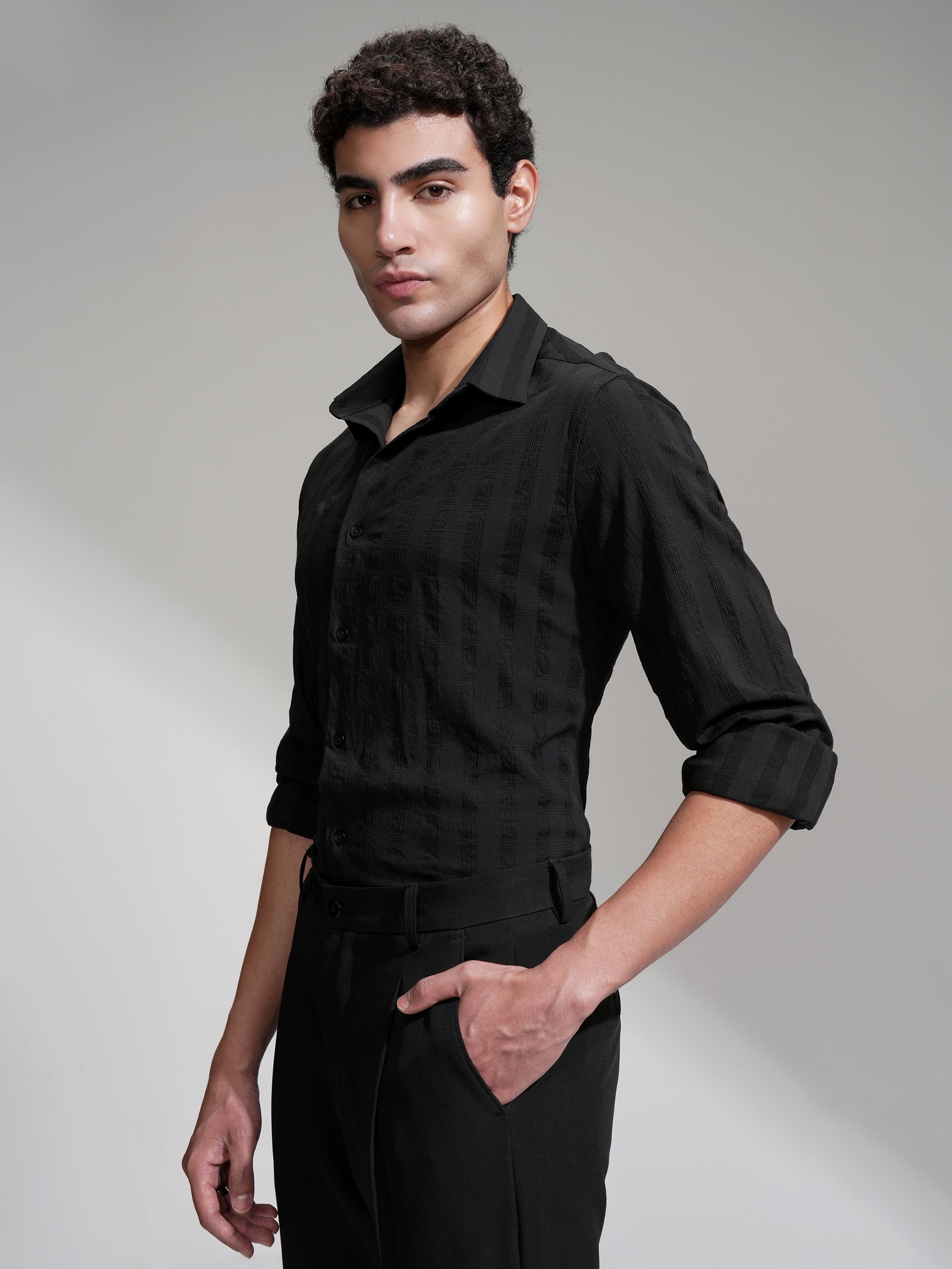 Highlander Men Black Self Design Slim Fit Casual Shirt - Black - Image 4