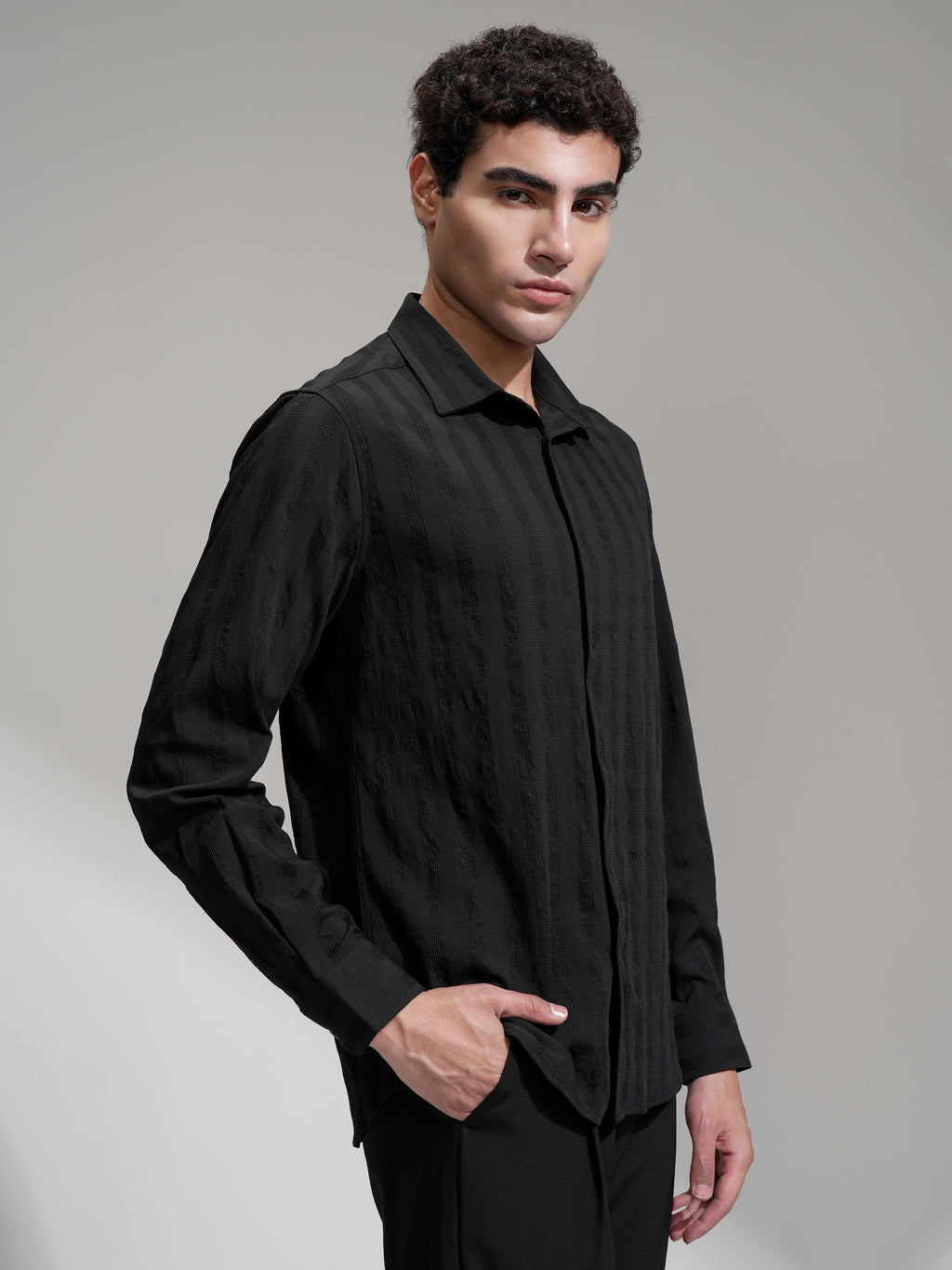 Highlander Men Black Self Design Slim Fit Casual Shirt - Black - Image 6