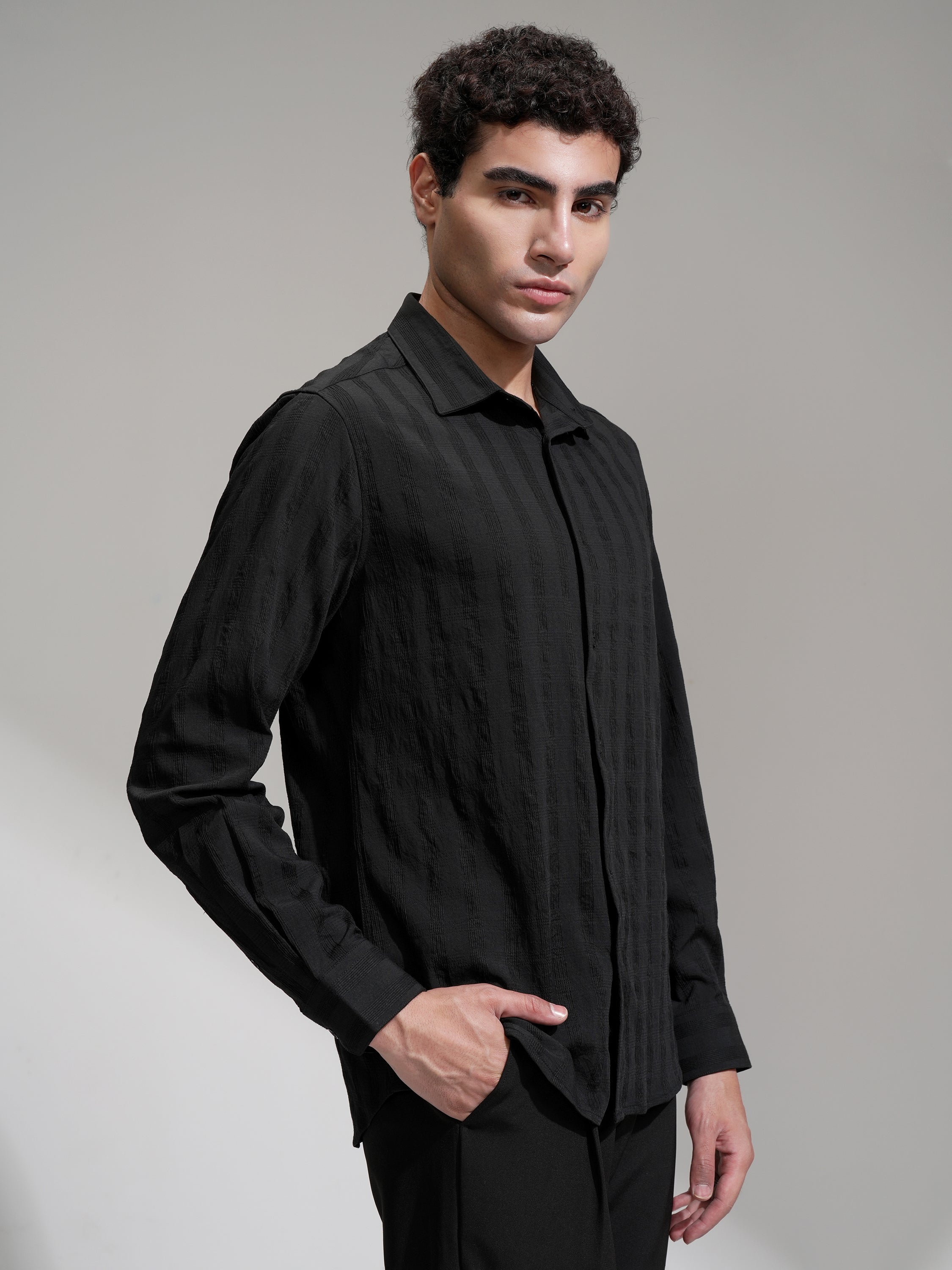 Highlander Men Black Self Design Slim Fit Casual Shirt - Black - Image 6