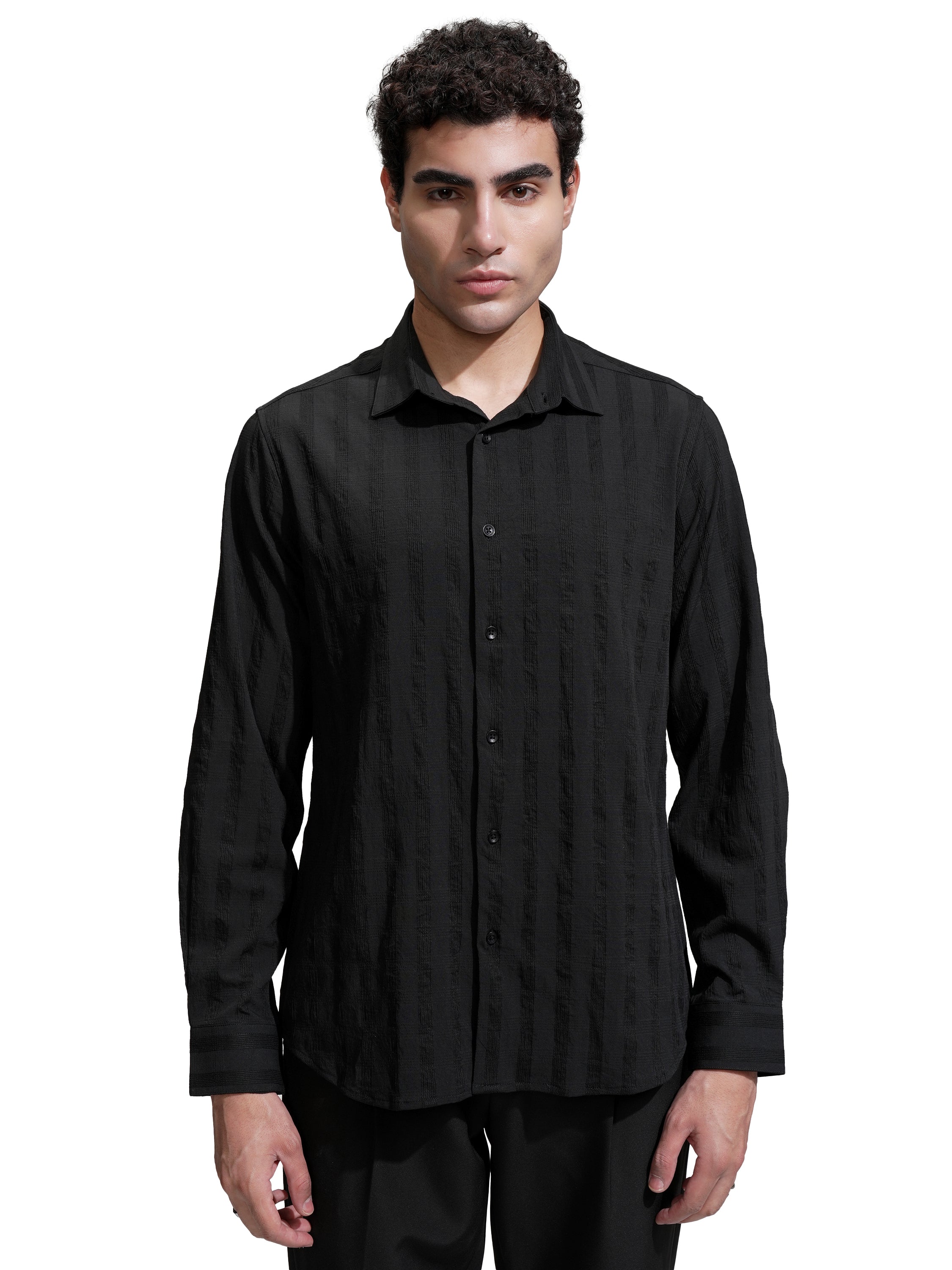 Highlander Men Black Self Design Slim Fit Casual Shirt - Black - Image 7