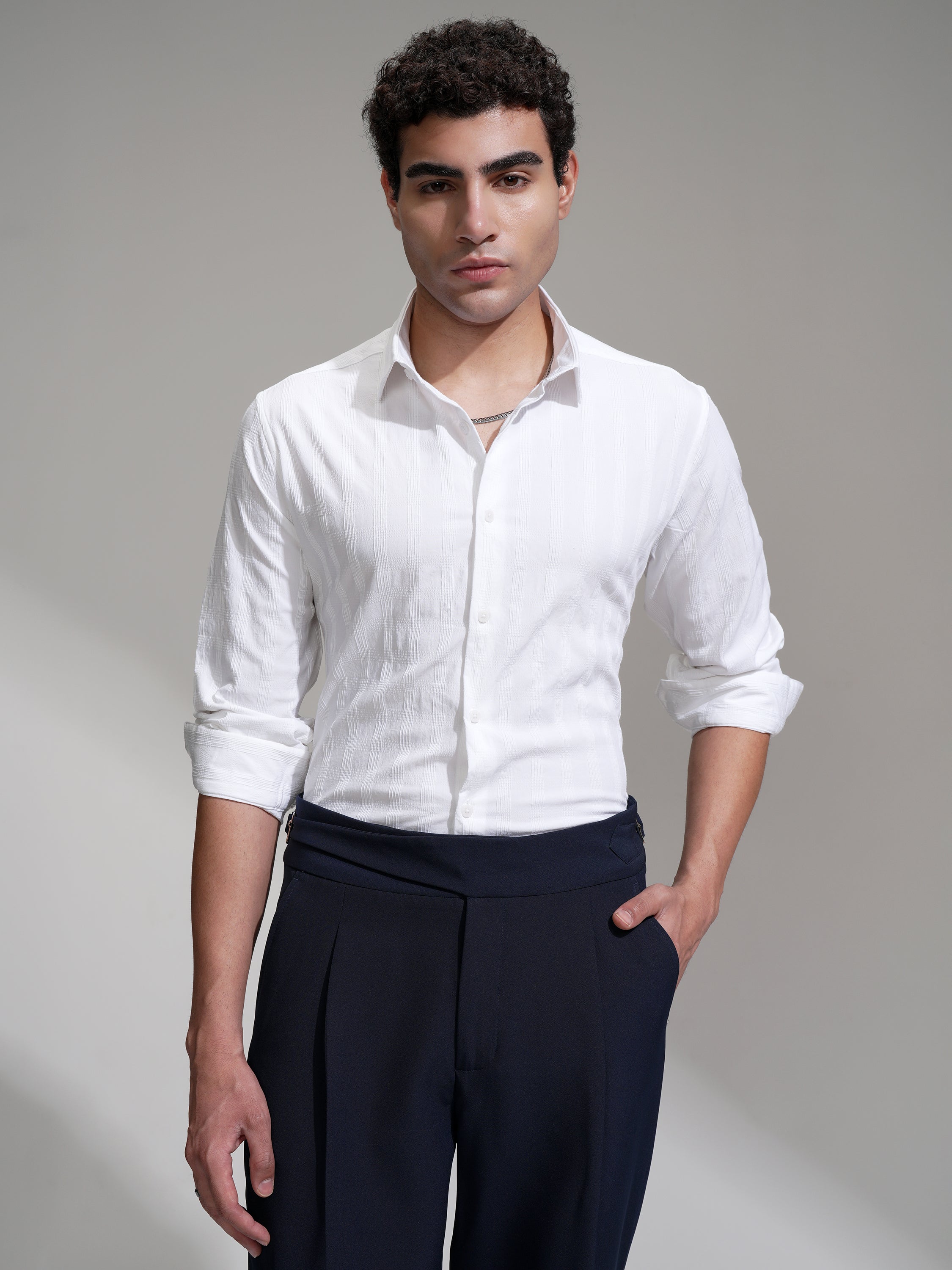 Highlander Men White Self Design Slim Fit Casual Shirt - White - Image 1