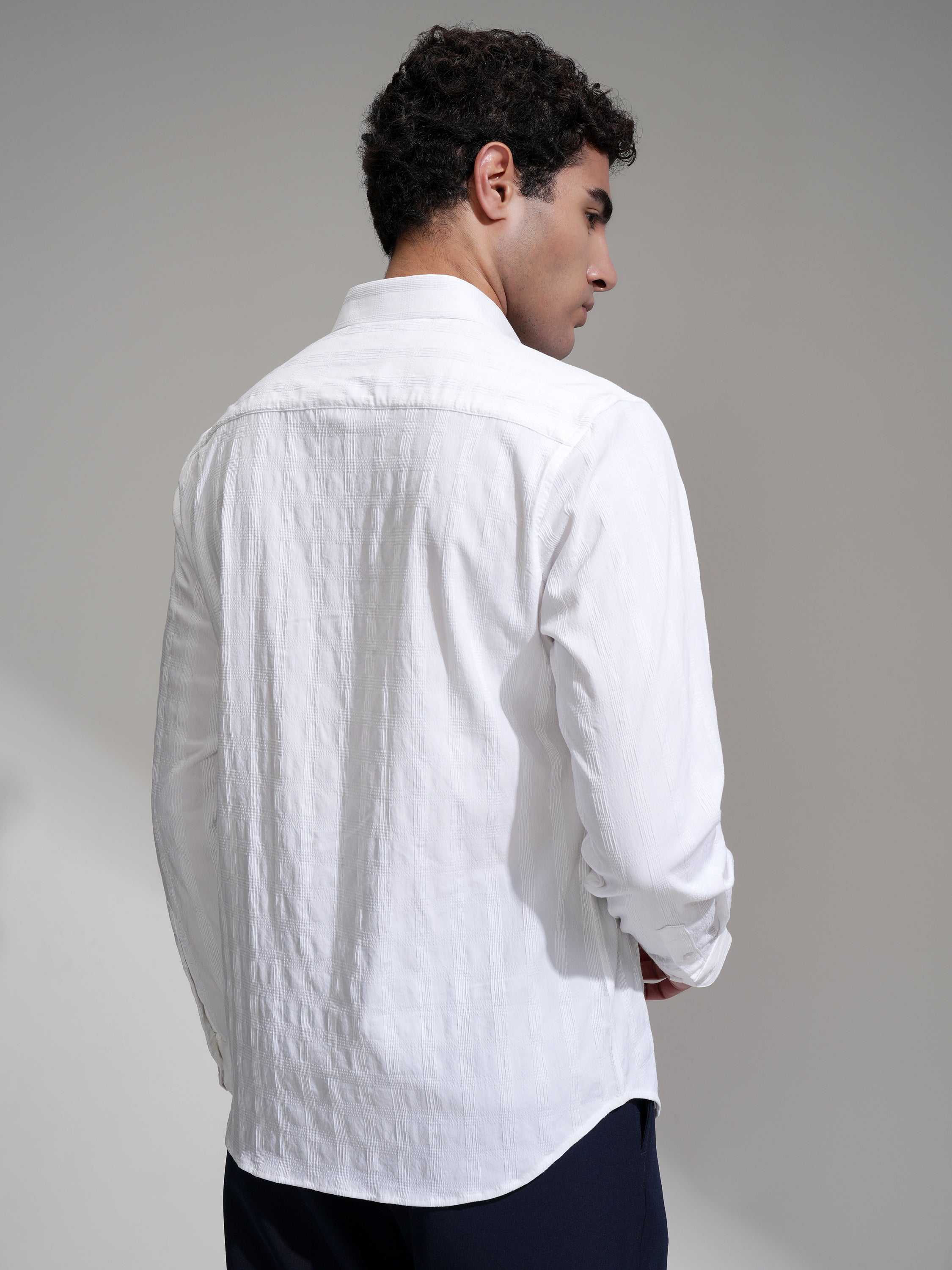 Highlander Men White Self Design Slim Fit Casual Shirt - White - Image 3