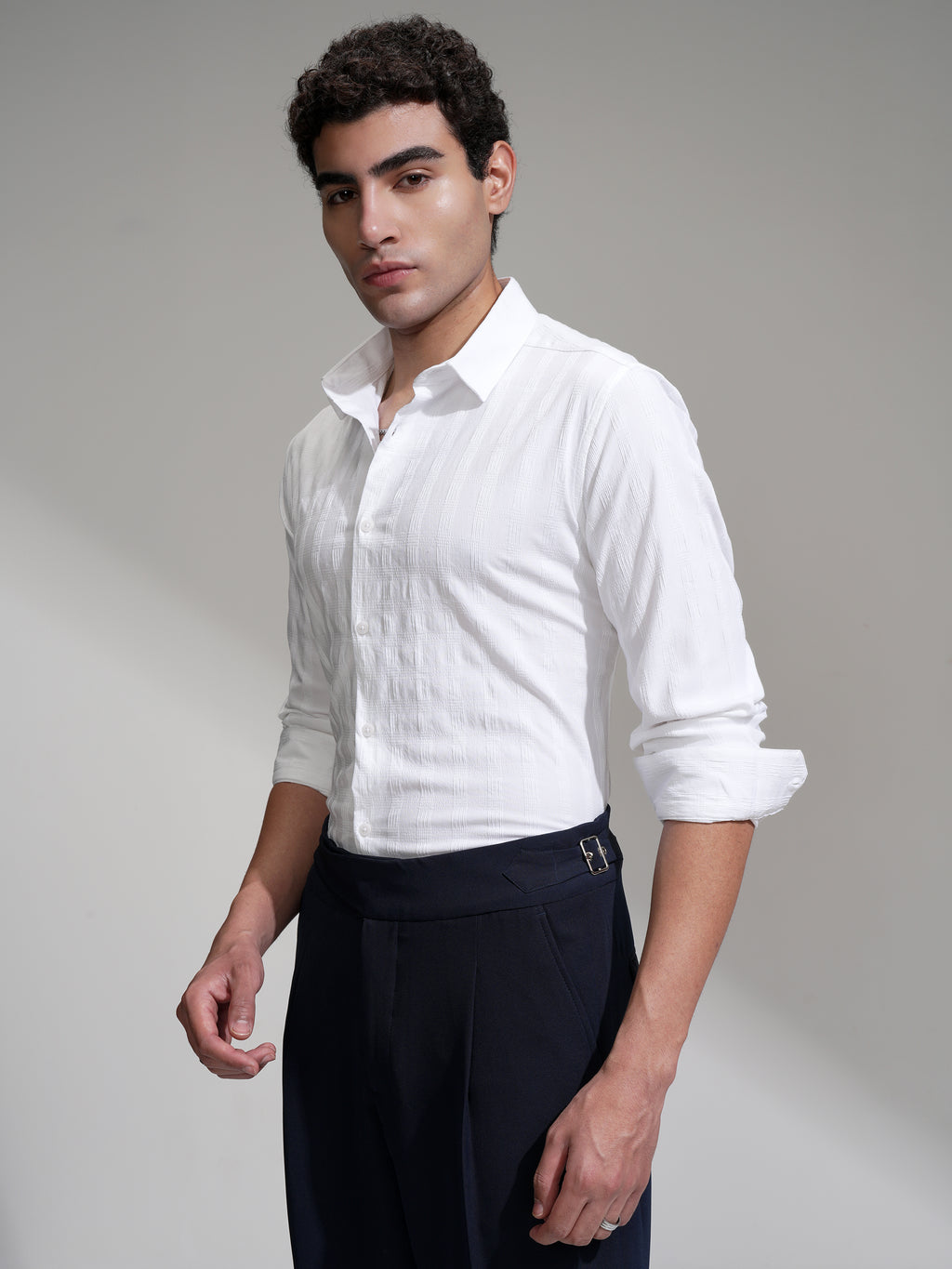 Highlander Men White Self Design Slim Fit Casual Shirt - White - Image 4