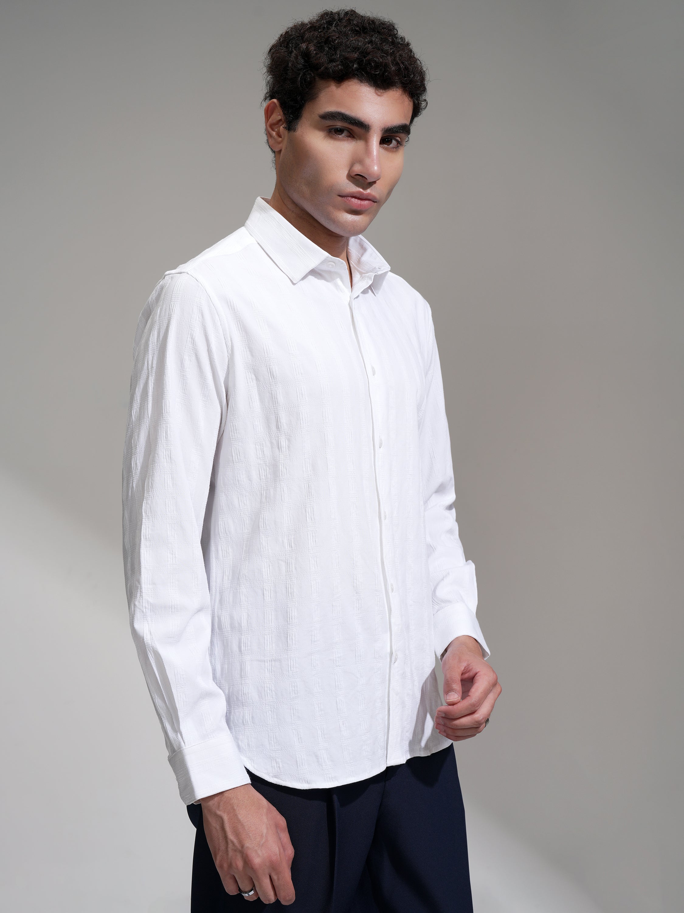 Highlander Men White Self Design Slim Fit Casual Shirt - White - Image 6