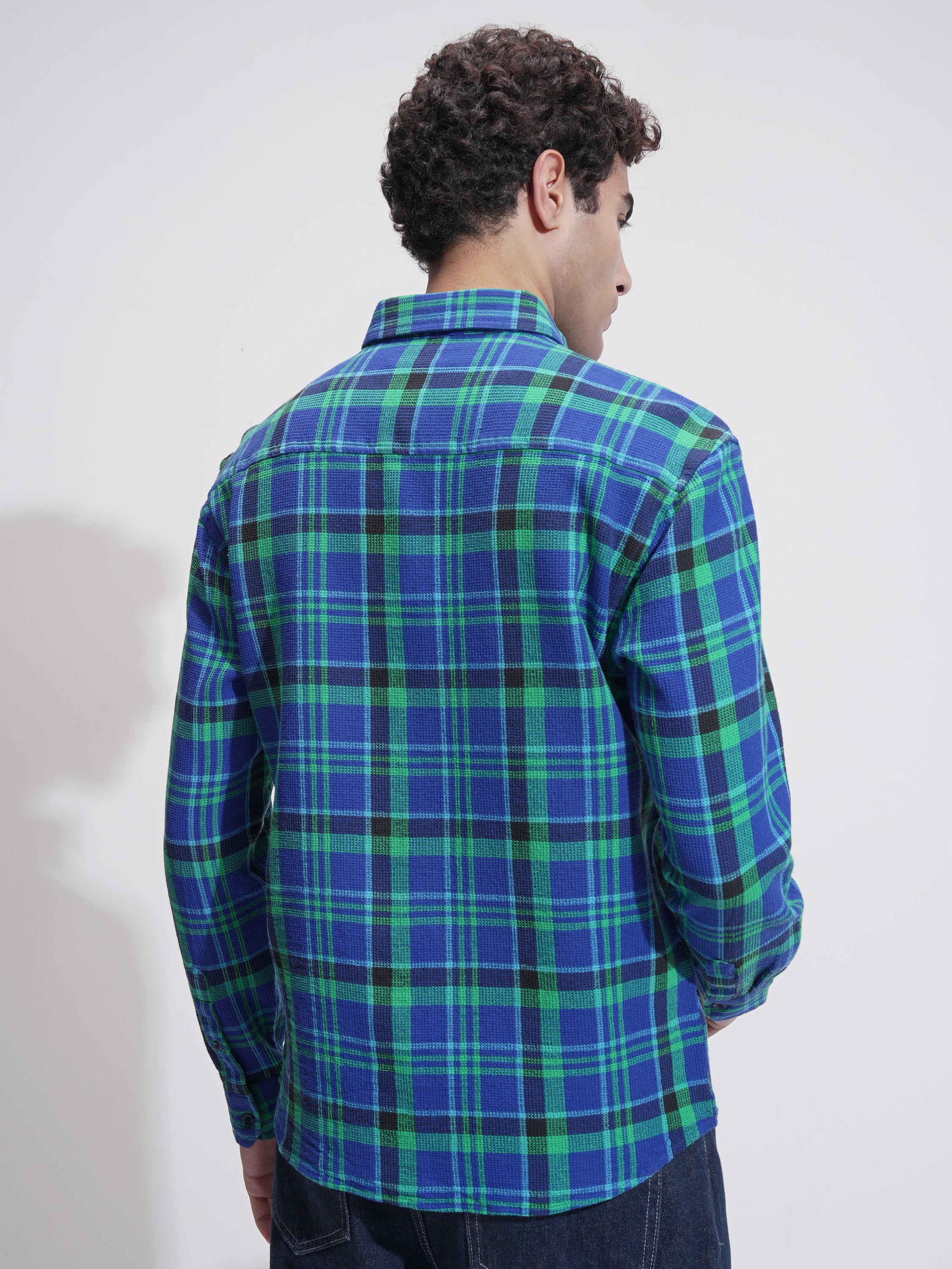 Highlander Men Blue Checked Relaxed Fit Casual Shirt - Blue - Image 3