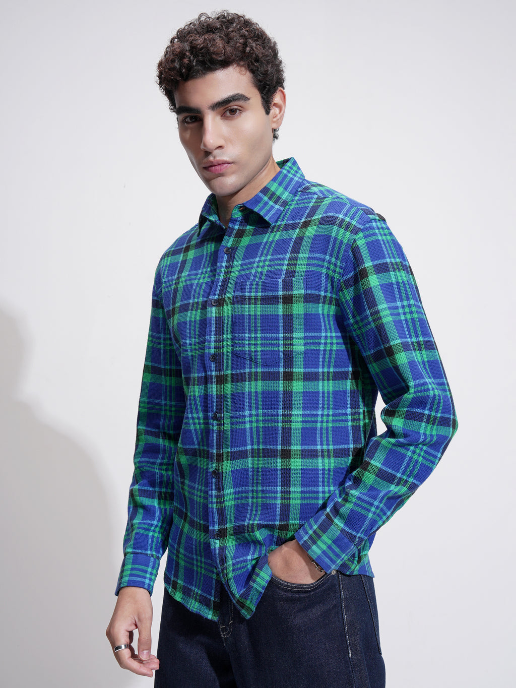 Highlander Men Blue Checked Relaxed Fit Casual Shirt - Blue - Image 4