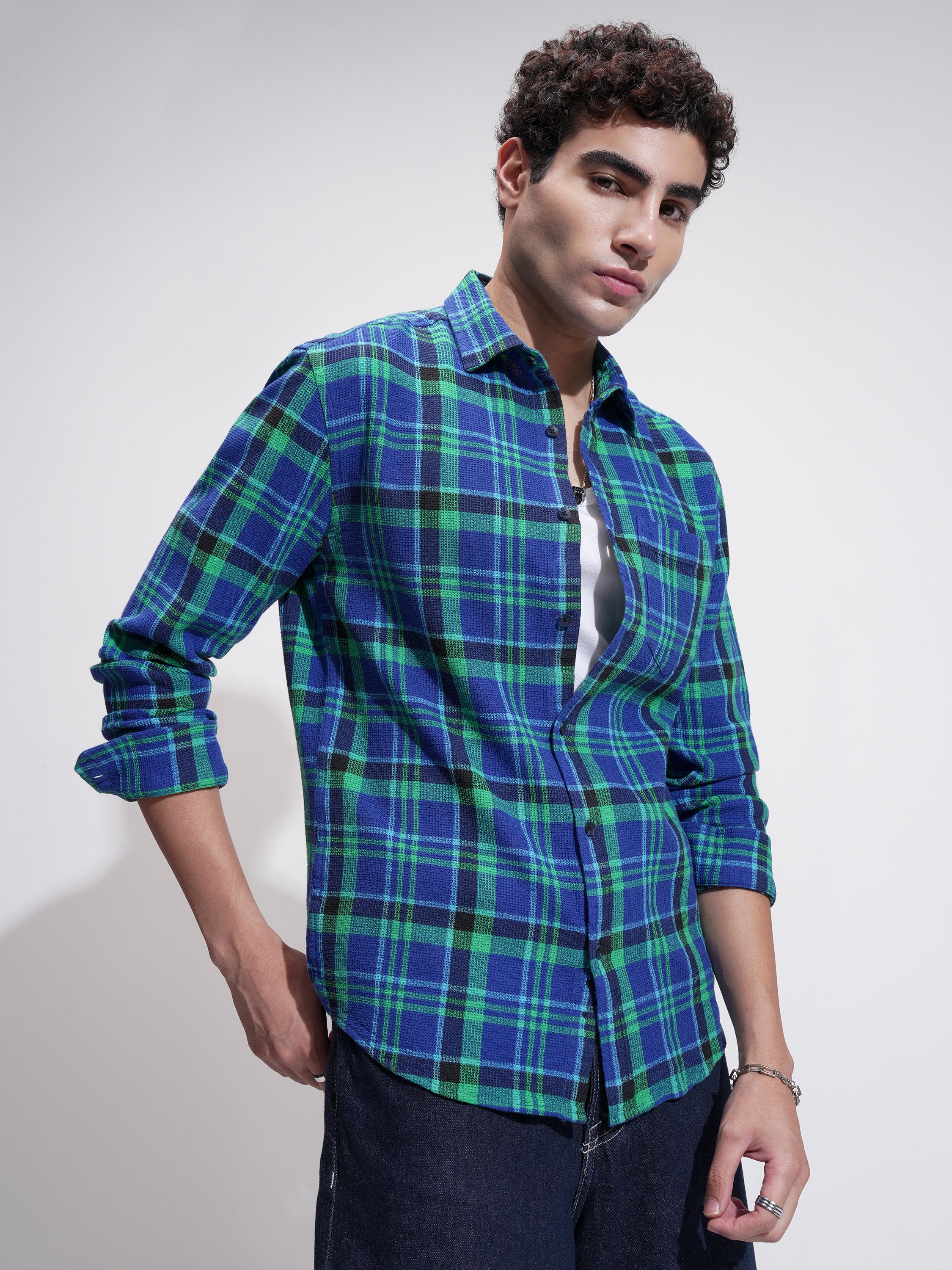 Highlander Men Blue Checked Relaxed Fit Casual Shirt - Blue - Image 6