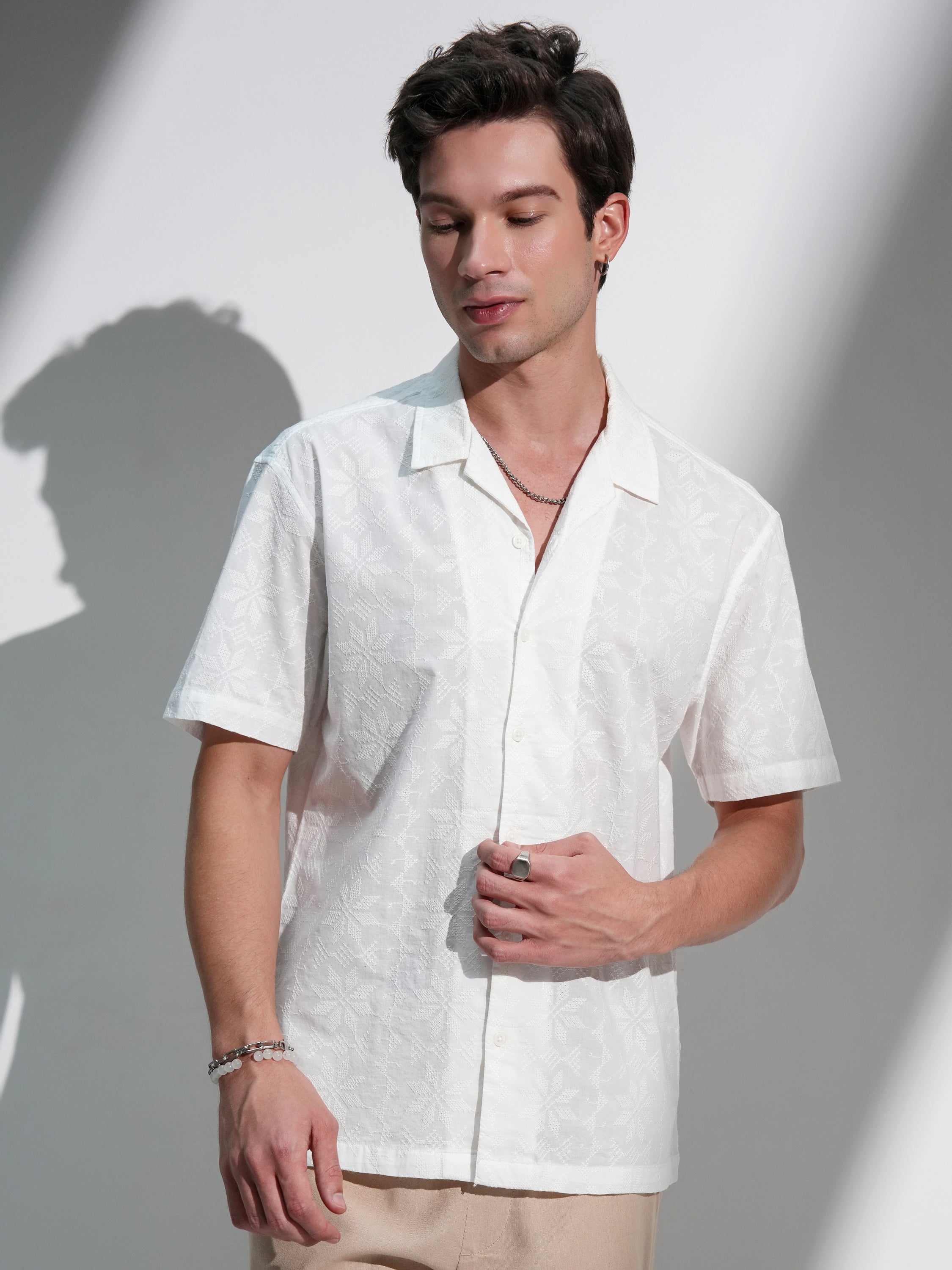 Highlander Men White Self Design Relaxed Fit Casual Shirt - White - Image 1