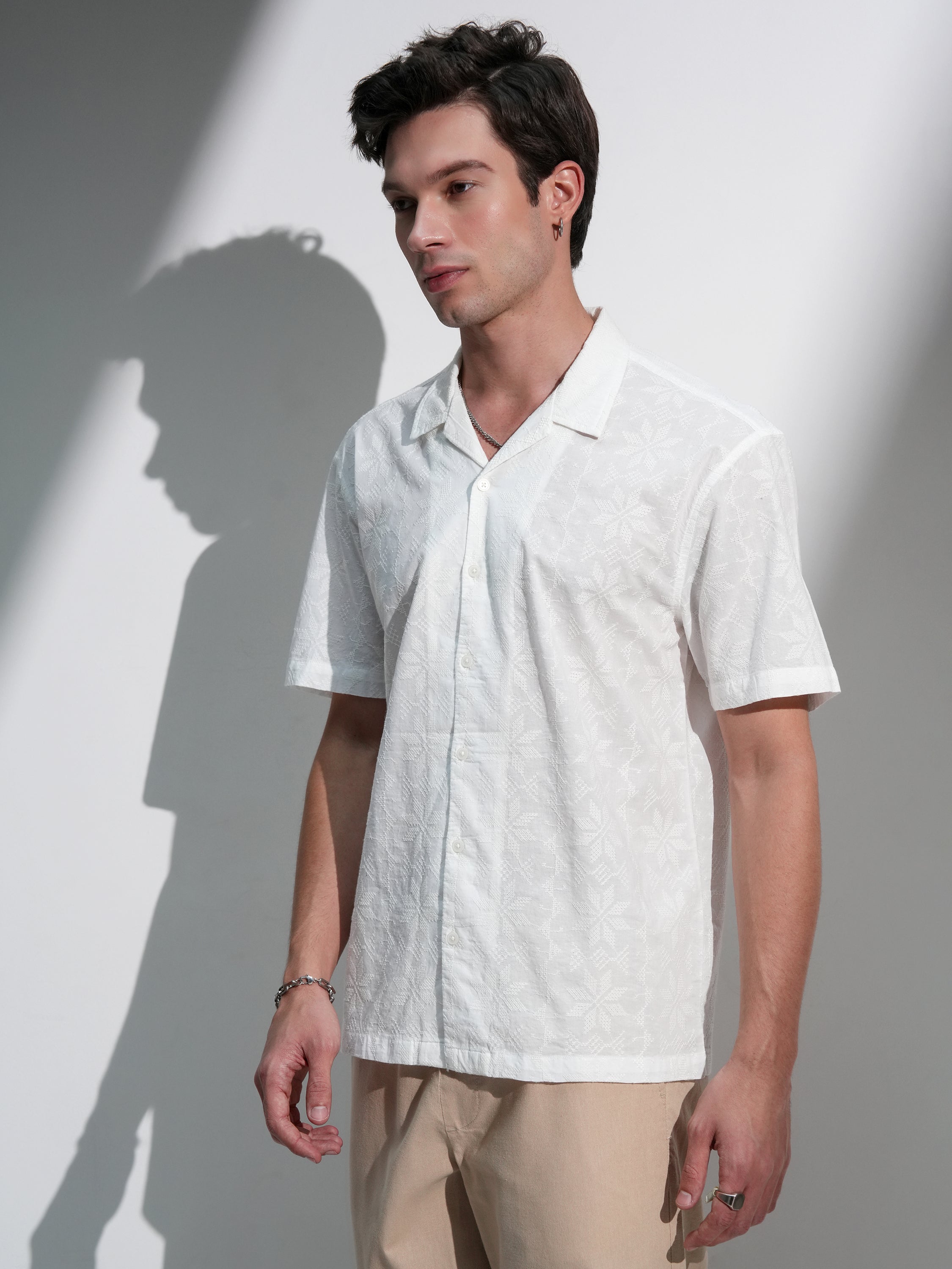 Highlander Men White Self Design Relaxed Fit Casual Shirt - White - Image 4