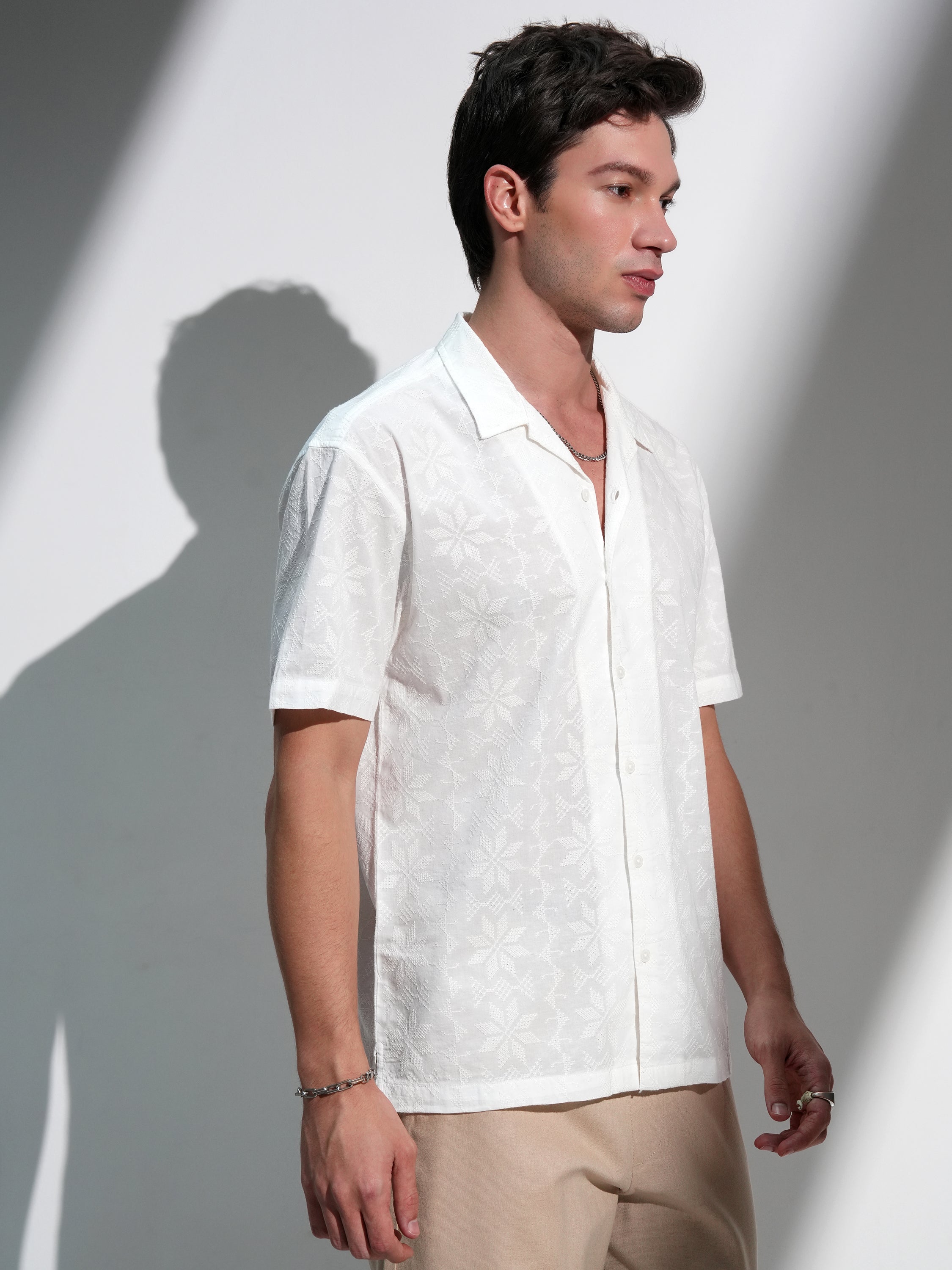 Highlander Men White Self Design Relaxed Fit Casual Shirt - White - Image 6