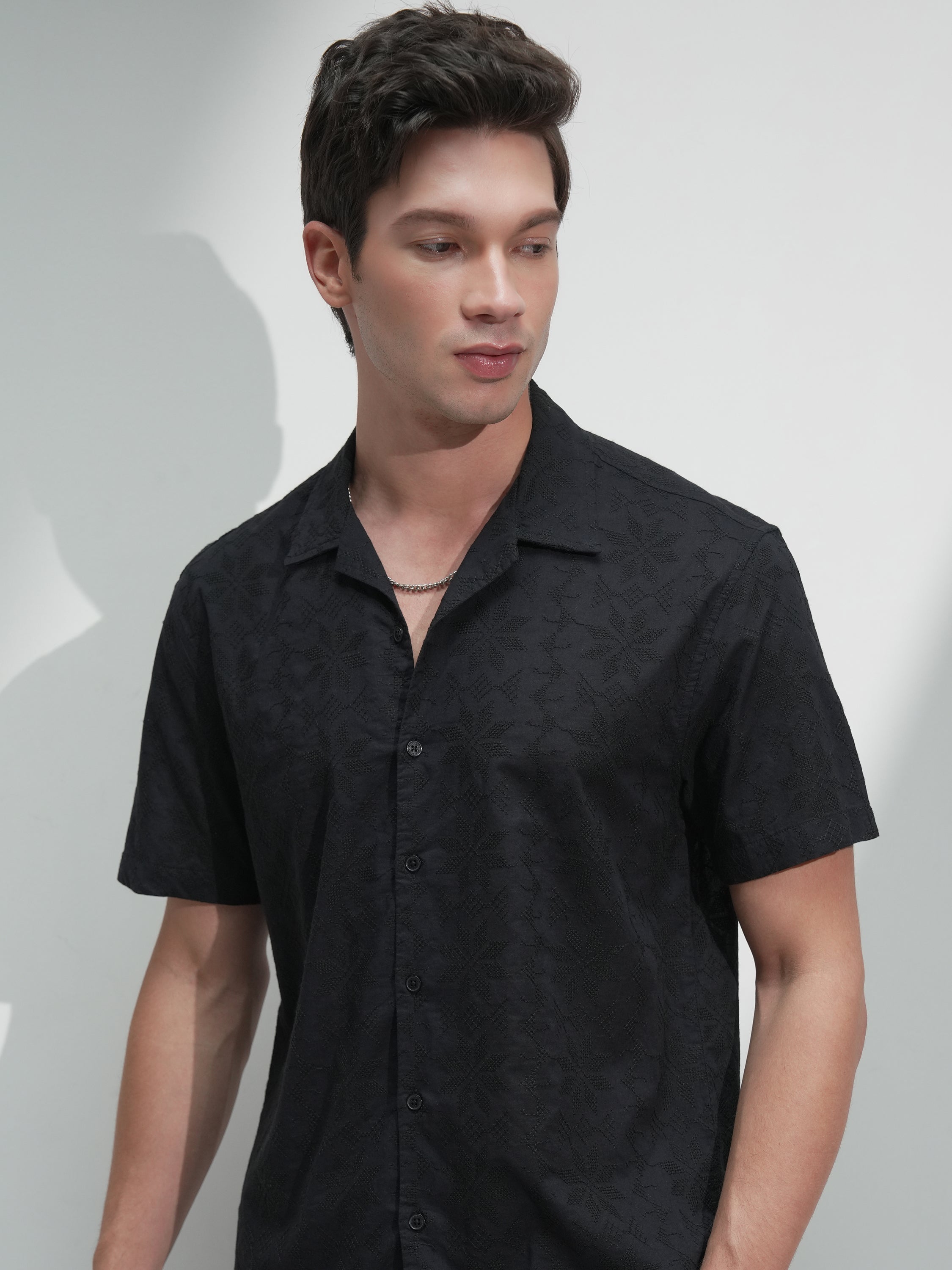 Highlander Men Black Self Design Relaxed Fit Casual Shirt - Black - Image 1
