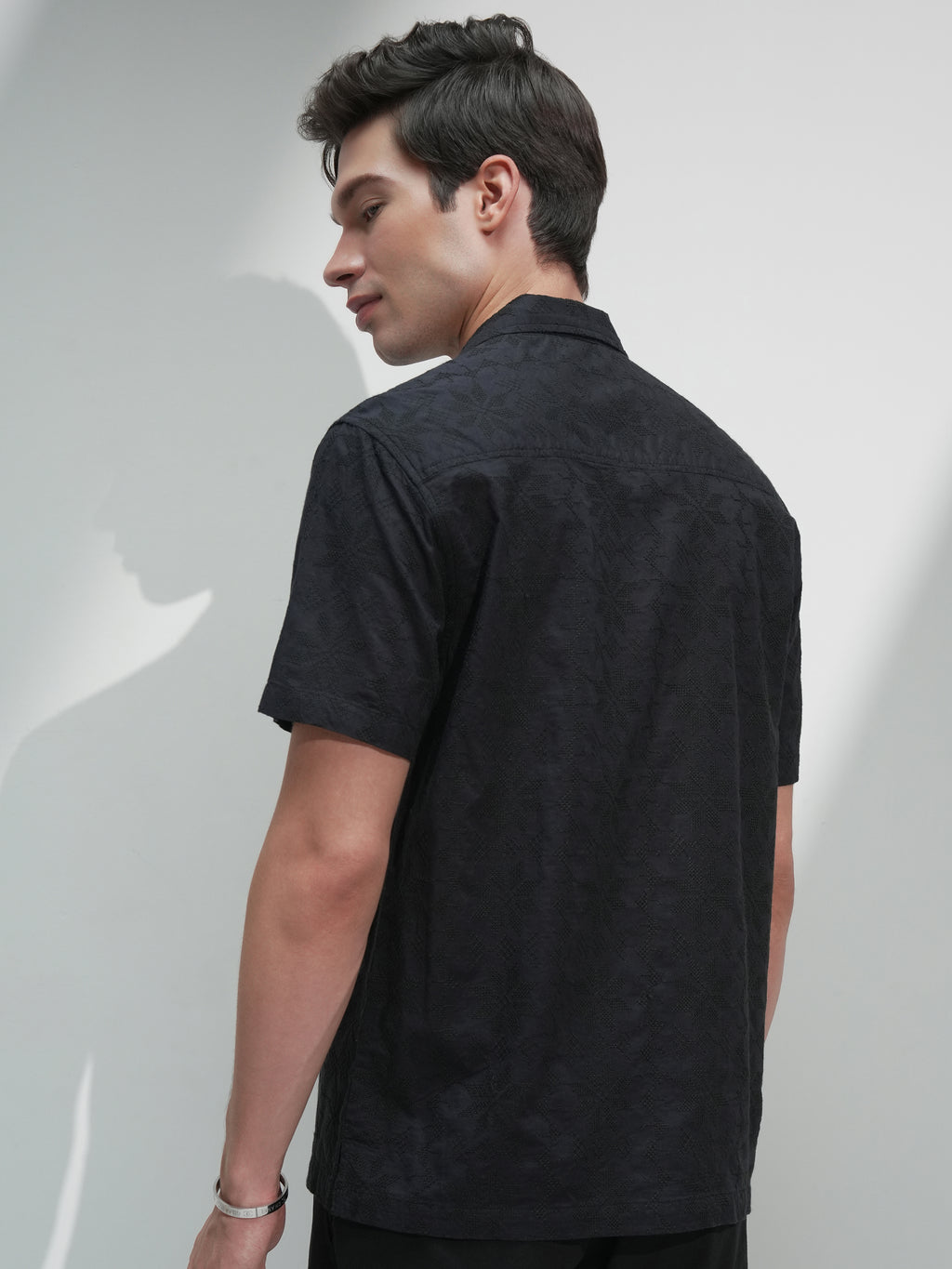 Highlander Men Black Self Design Relaxed Fit Casual Shirt - Black - Image 3