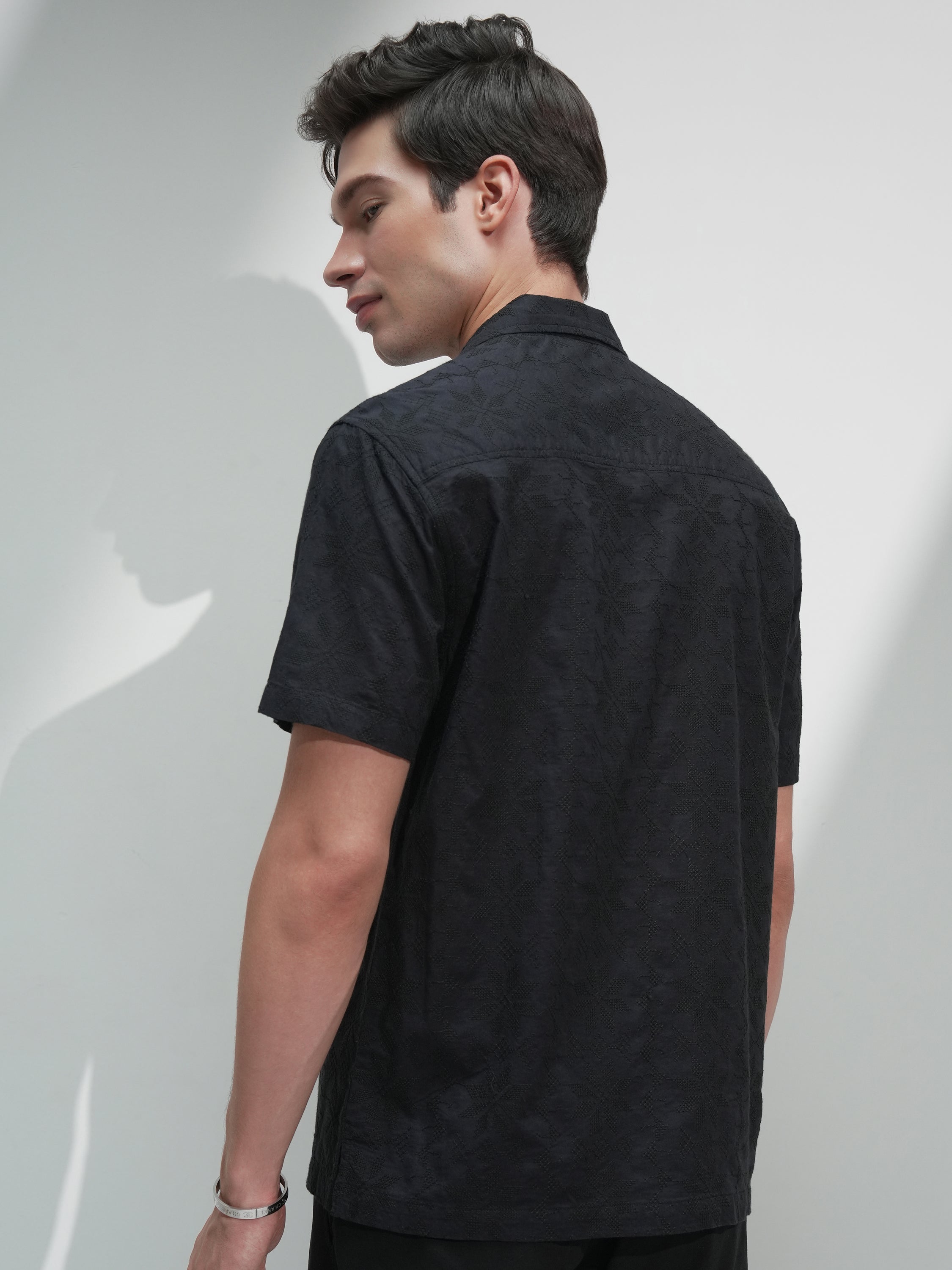 Highlander Men Black Self Design Relaxed Fit Casual Shirt - Black - Image 3