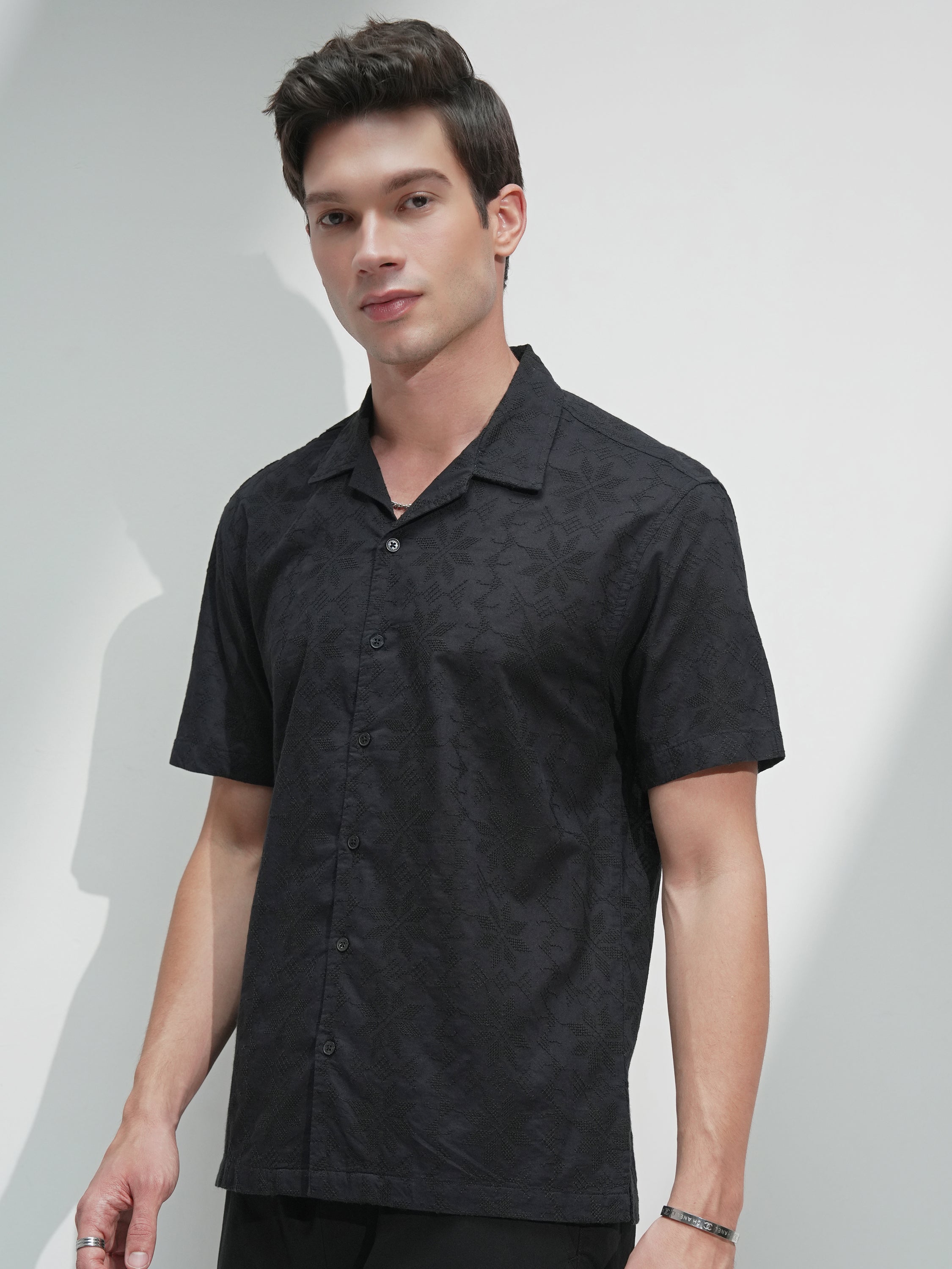 Highlander Men Black Self Design Relaxed Fit Casual Shirt - Black - Image 4
